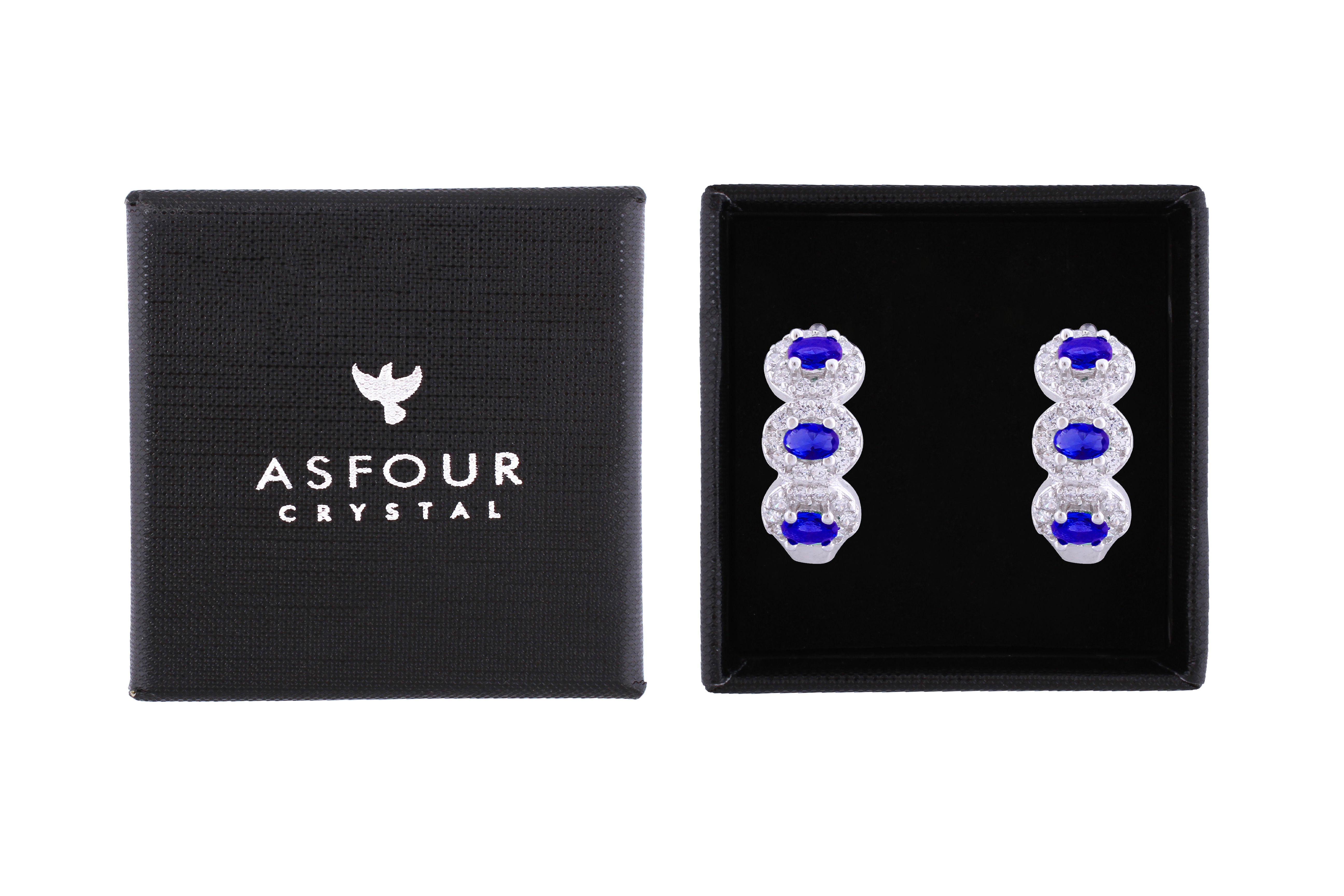 Asfour Crystal Haggie Earrings With Blue Oval Stones In 925 Sterling Silver ED0012-WB