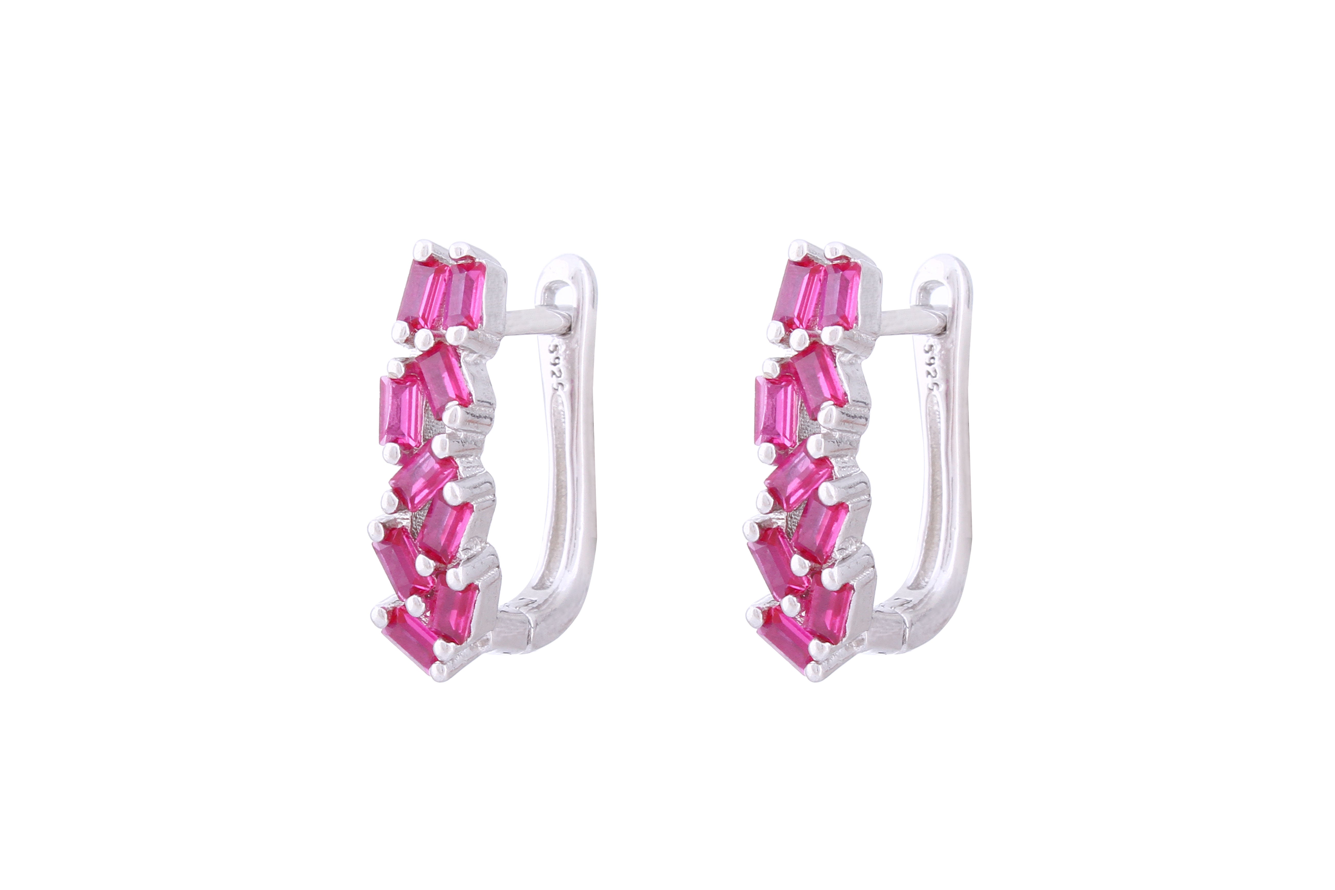 Asfour Crystal Clips Earrings With Fuchsia Baguette Zircon Stones In 925 Sterling Silver ED0013-F