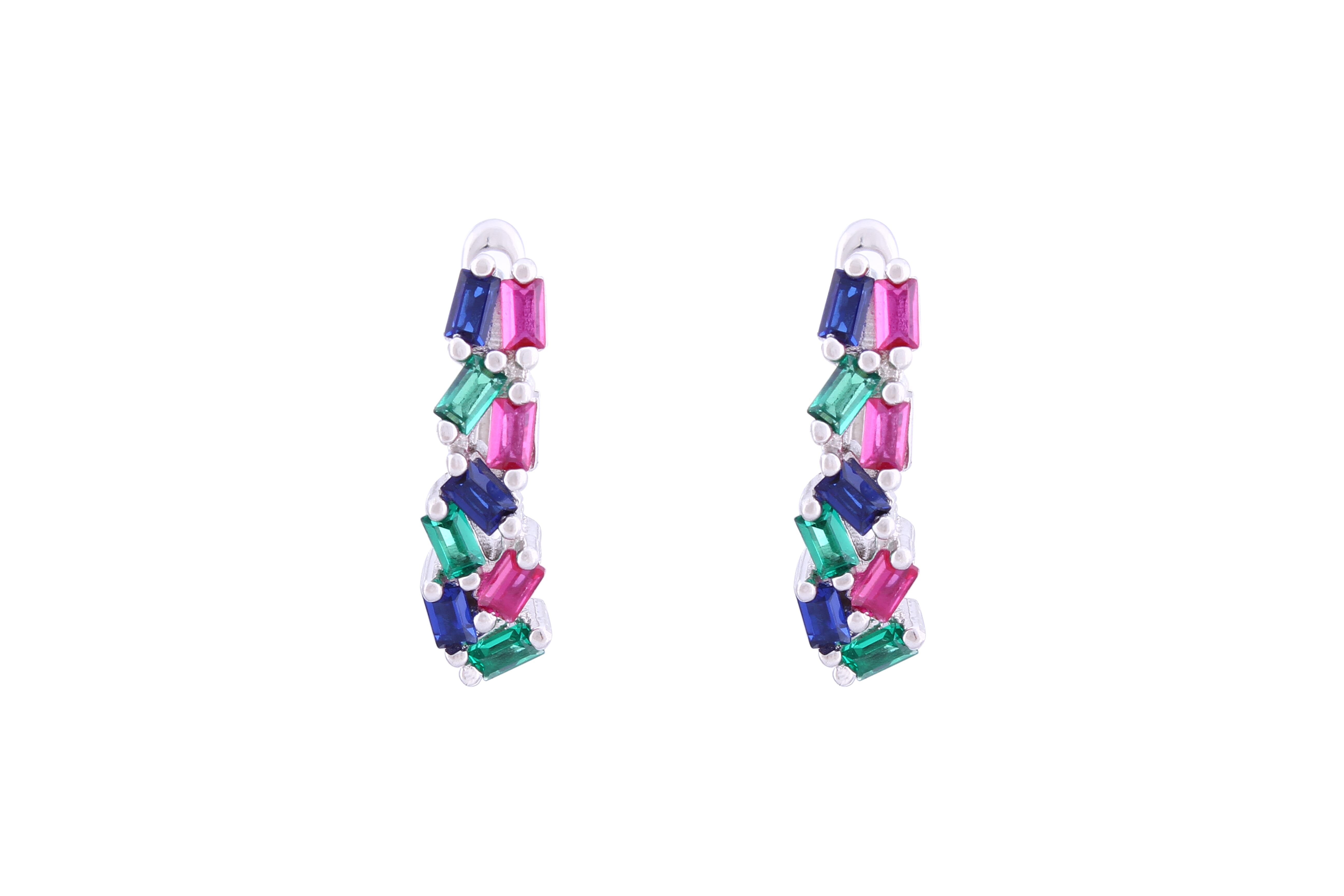 Asfour Crystal Clips Earrings With Multi Color Baguette Stones In 925 Sterling Silver ED0013-K