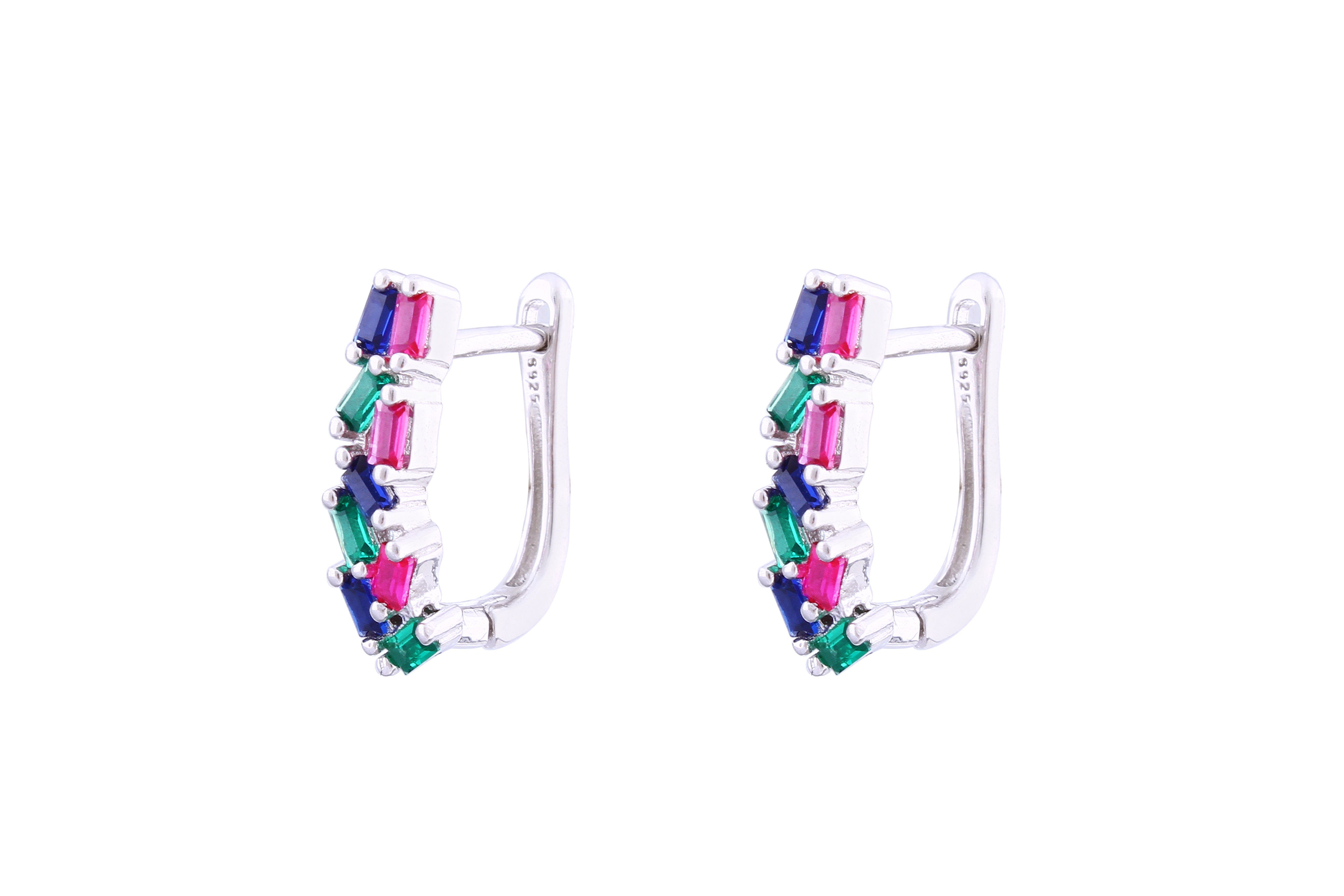 Asfour Crystal Clips Earrings With Multi Color Baguette Stones In 925 Sterling Silver ED0013-K