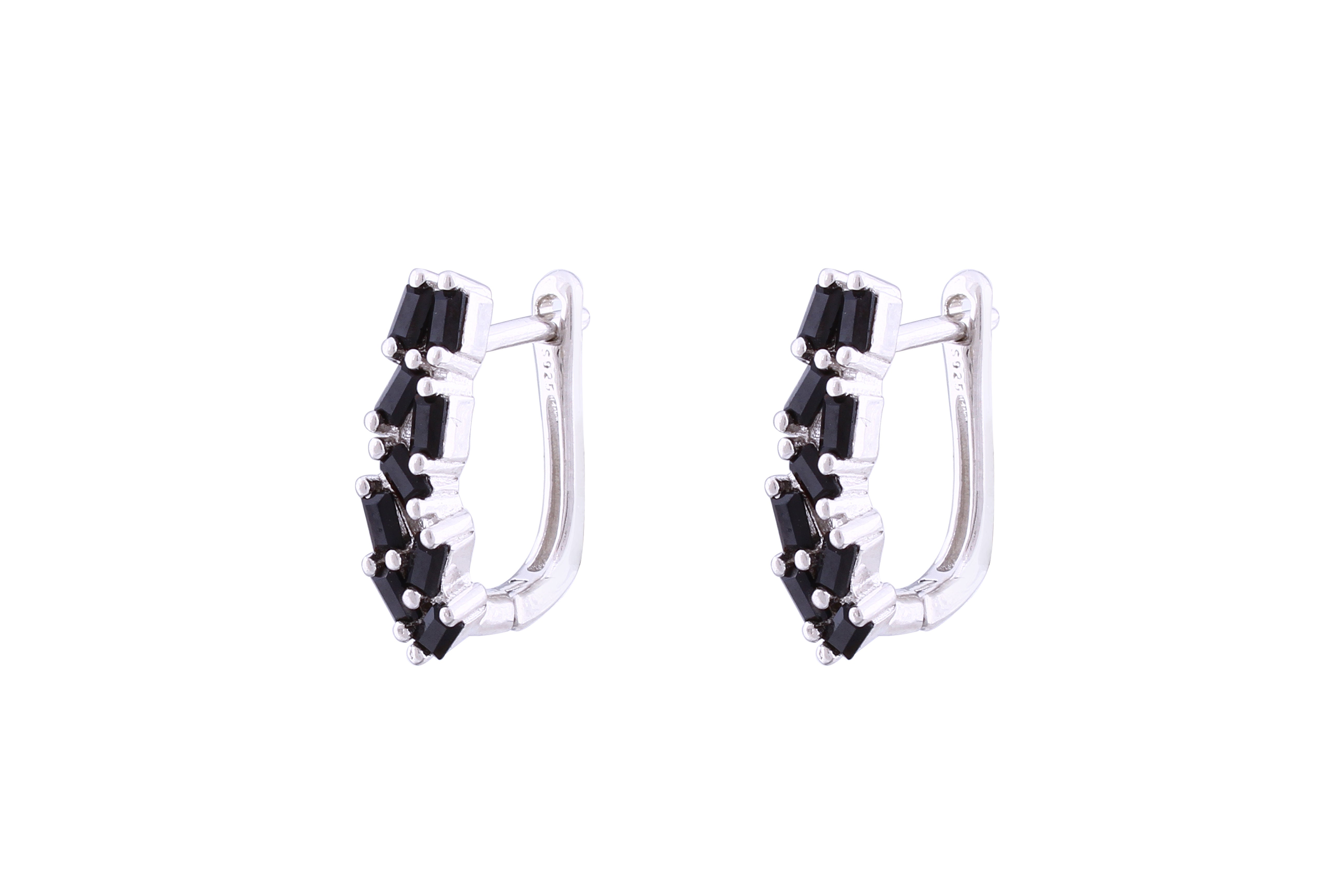 Asfour Crystal Clips Earrings With Black Baguette Zircon Stones In 925 Sterling Silver ED0013-P