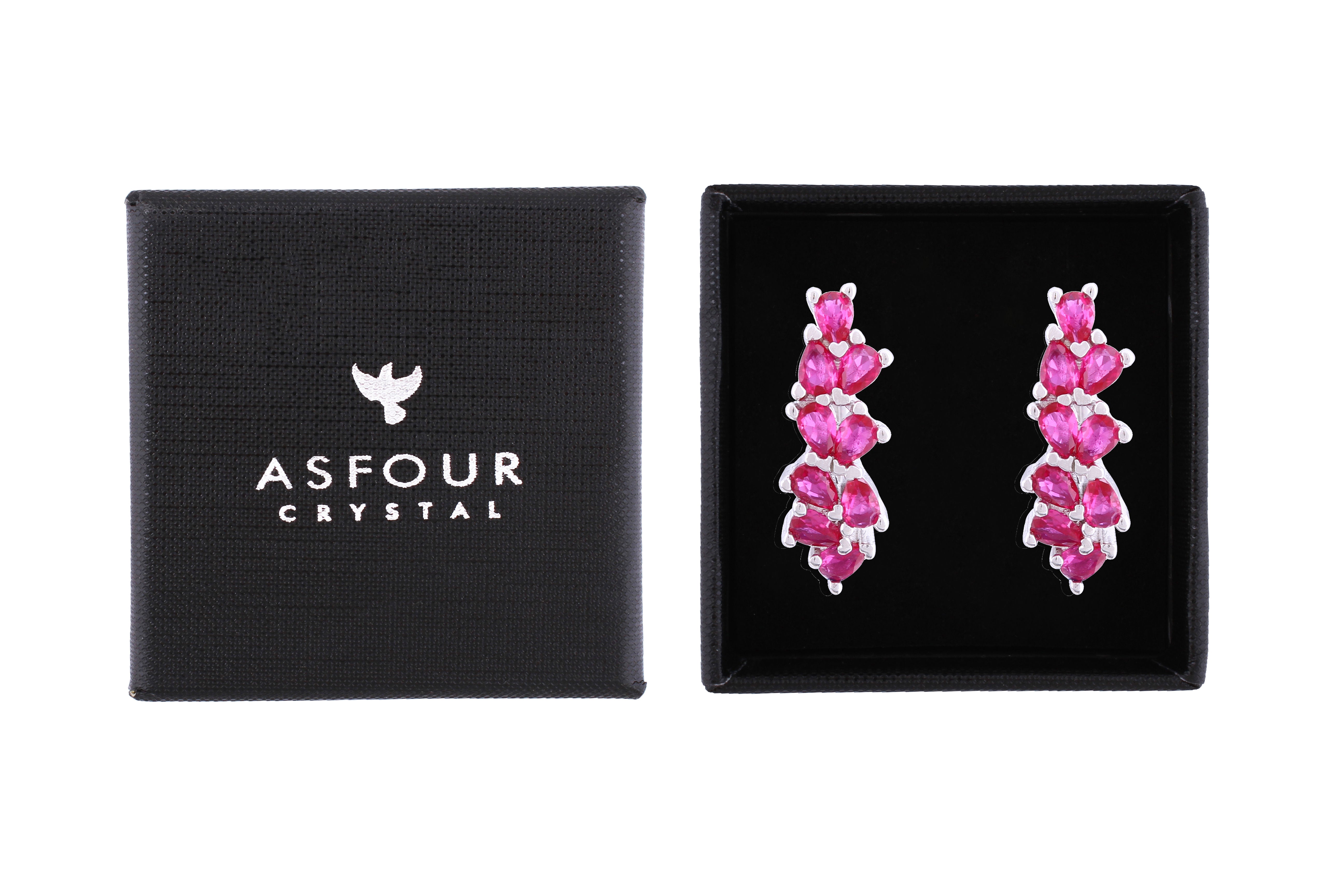 Asfour Crystal Clip Earrings With Fuchsia Pear Cut Zircon Stones In 925 Sterling Silver ED0016-F