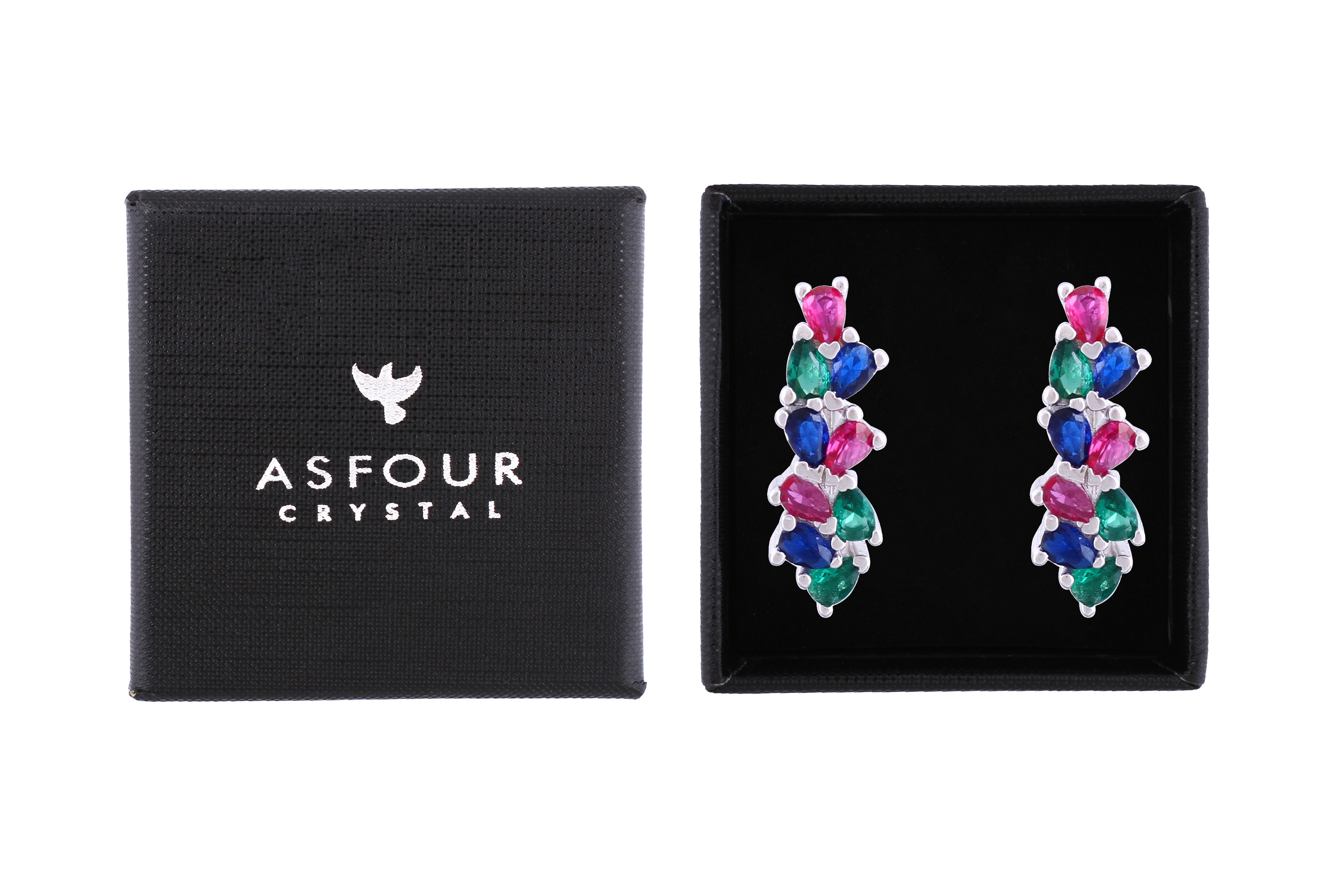 Asfour Crystal Clip Earrings With Multi Color Pear Zircon Stones In 925 Sterling Silver ED0016-K