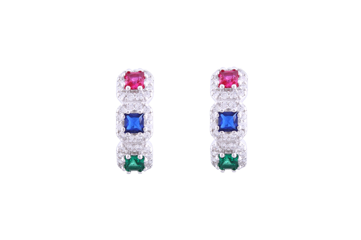 Asfour Crystal Haggie Earrings With Multi Color Squares Stones In 925 Sterling Silver ED0018-K