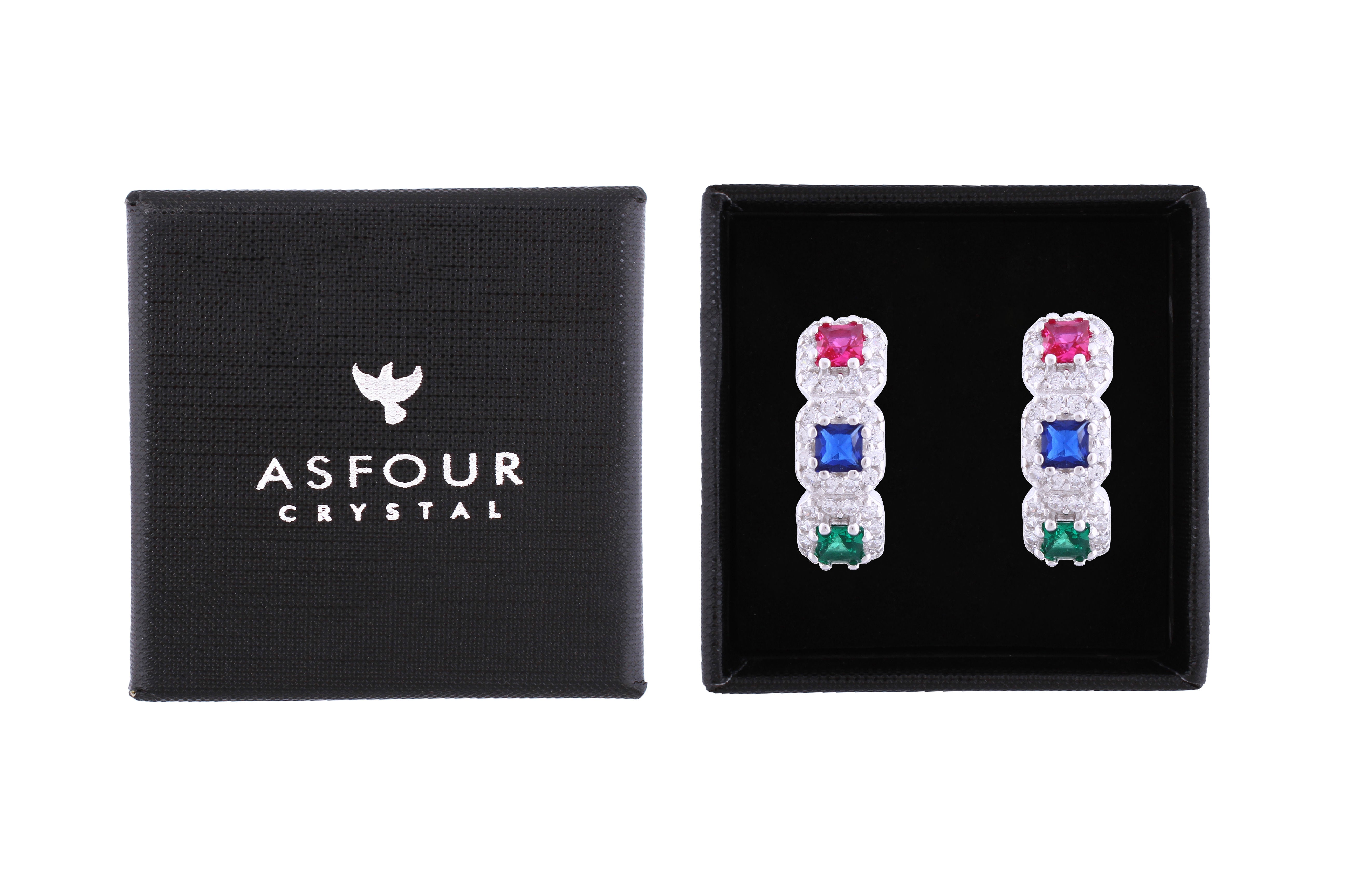 Asfour Crystal Haggie Earrings With Multi Color Squares Stones In 925 Sterling Silver ED0018-K