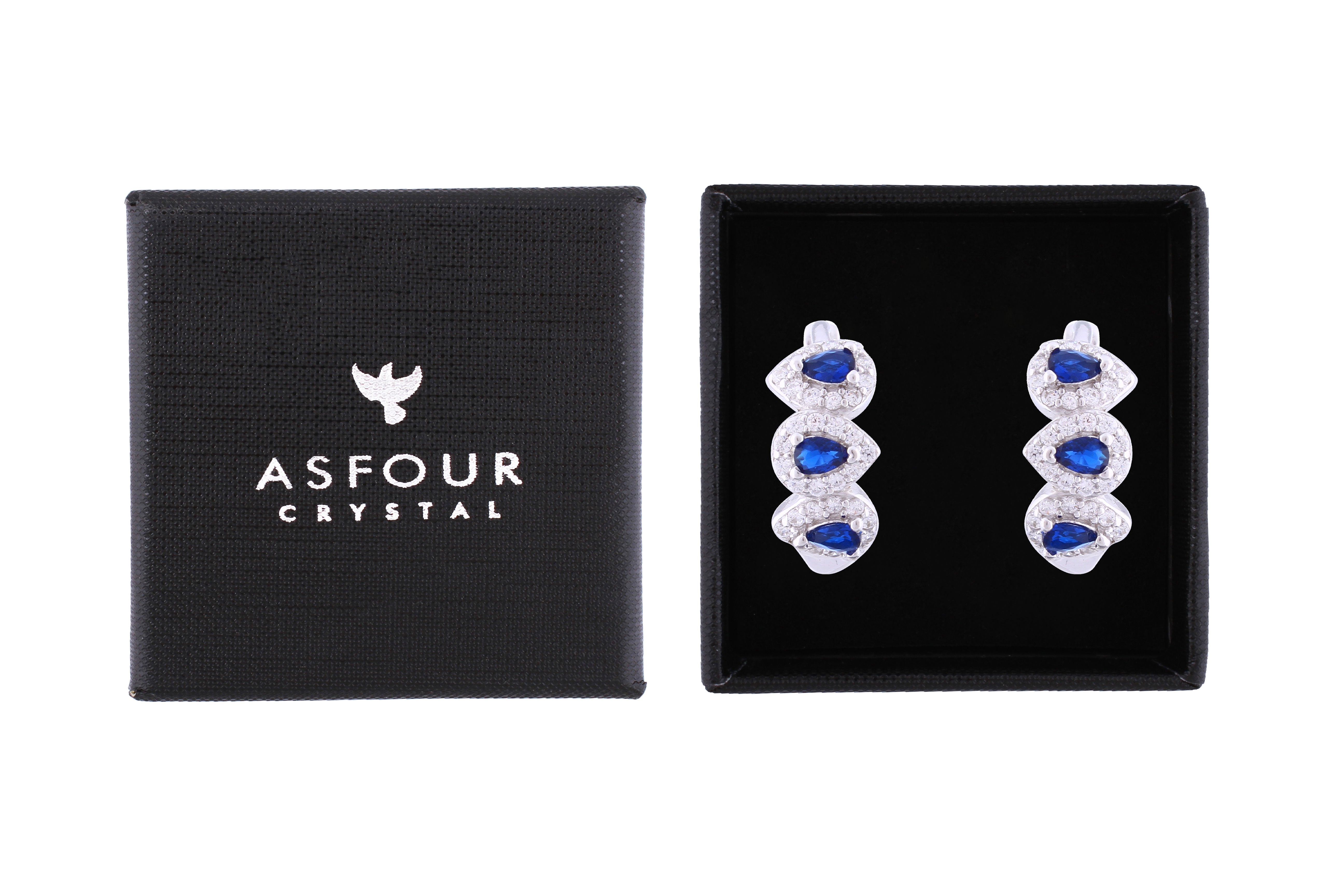 Asfour Crystal Haggie Earrings With Blue Pear Zircon Stones In 925 Sterling Silver ED0019-WB