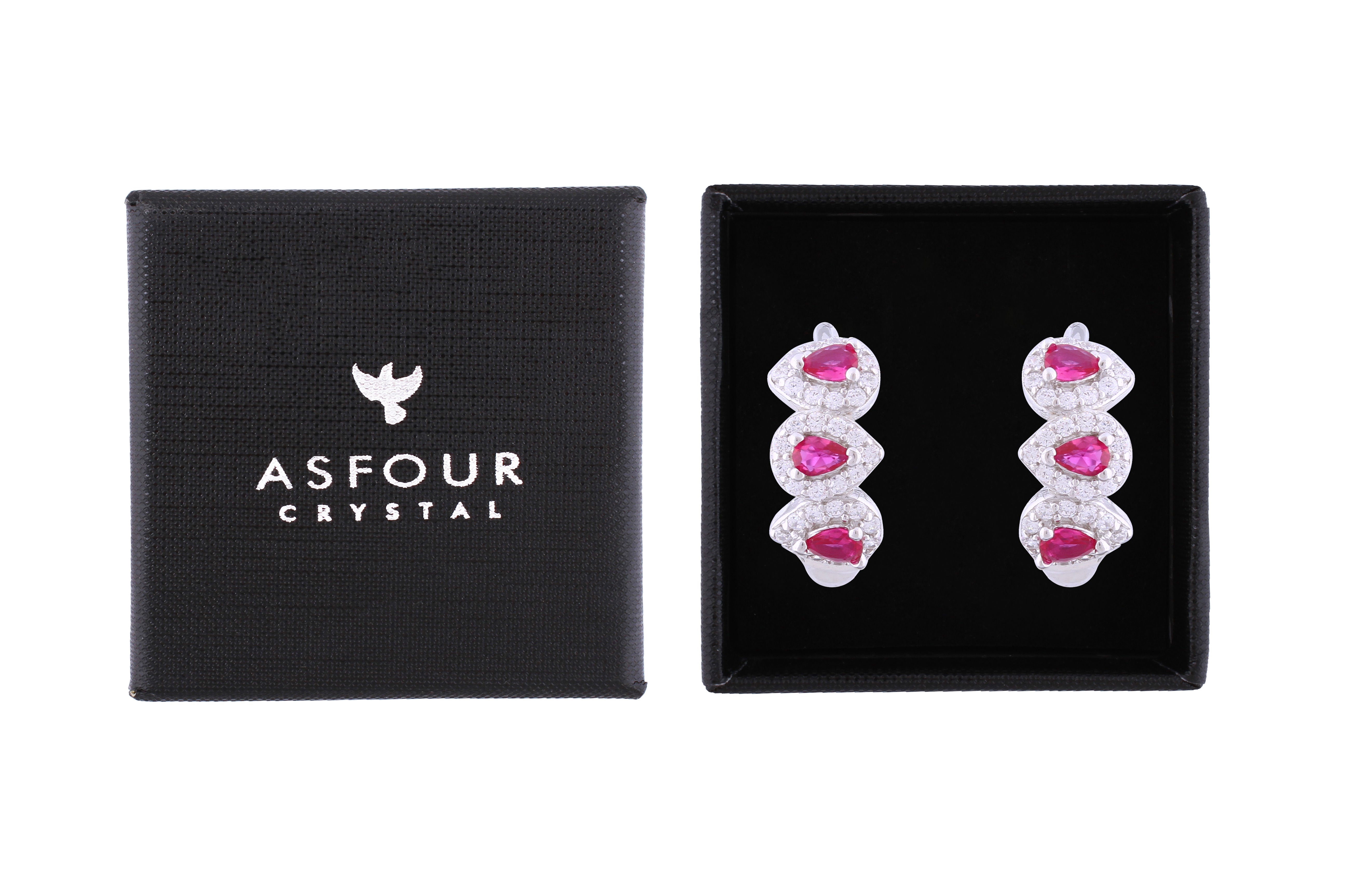 Asfour Crystal Haggie Earrings With Fuchsia Pear Zircon Stones In 925 Sterling Silver ED0019-WF