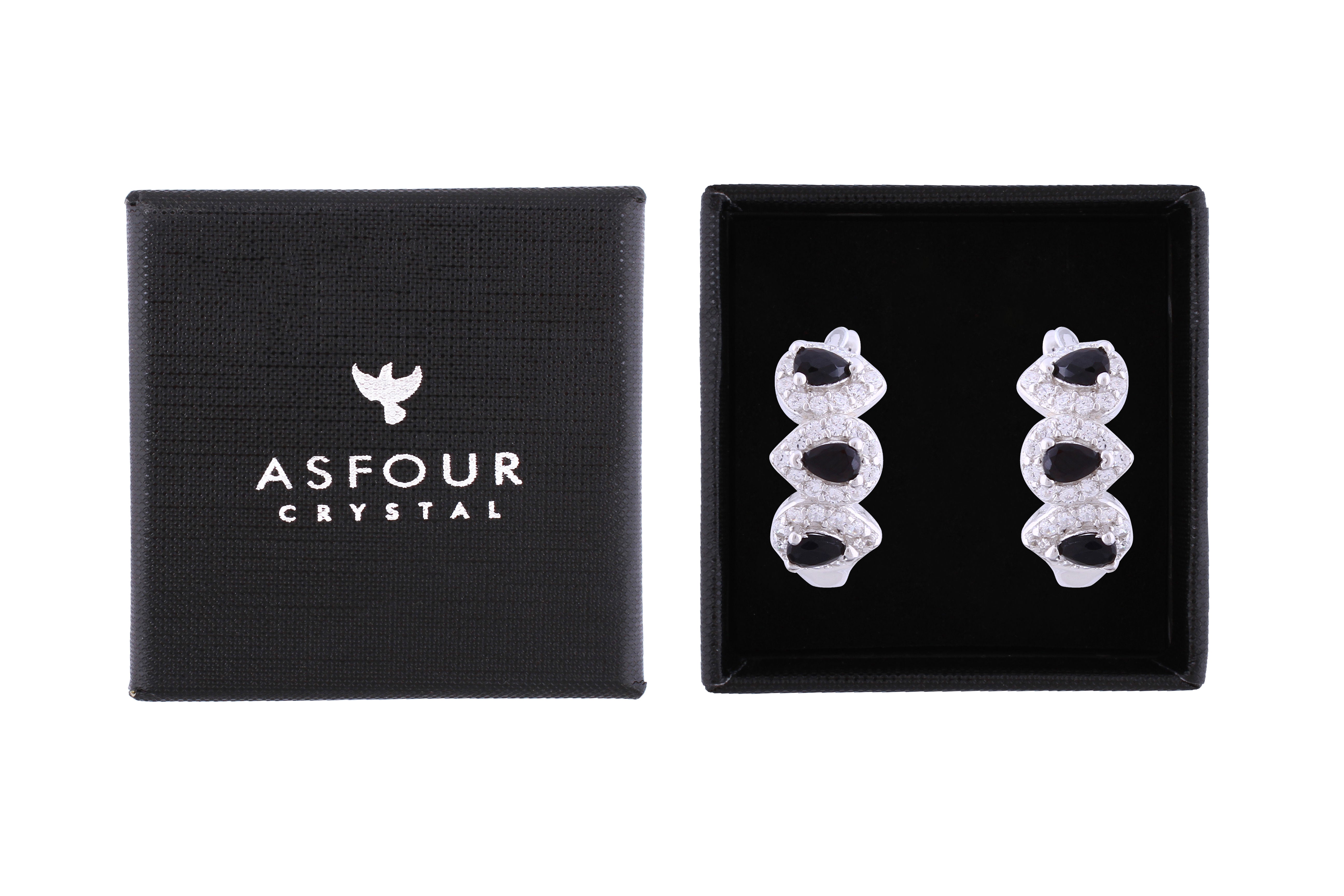 Asfour Crystal Haggie Earrings With Black Pear Zircon Stones In 925 Sterling Silver ED0019-WP