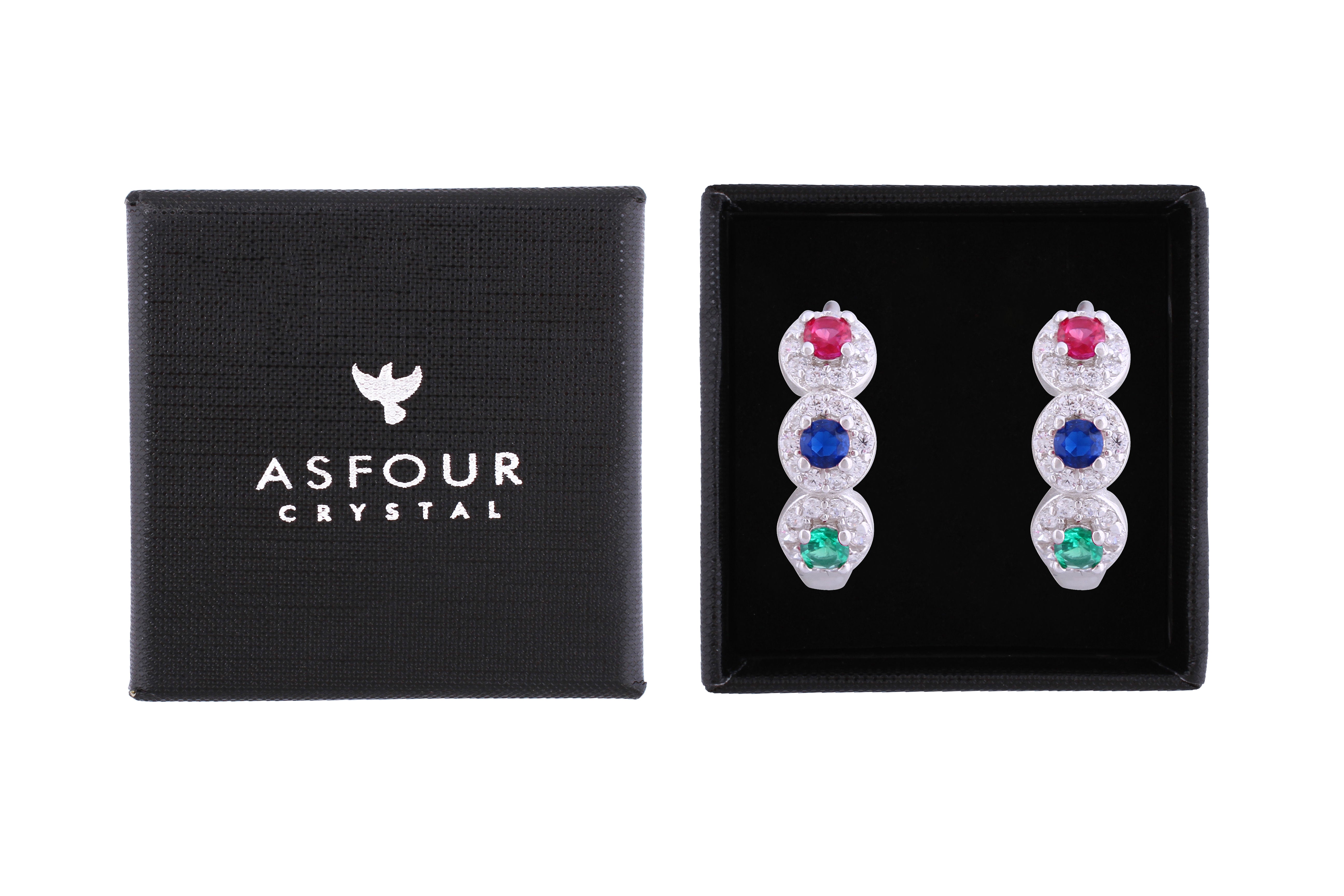 Asfour Crystal Haggie Earrings With Multi Color Round Zircon Stones In 925 Sterling Silver ED0020-K