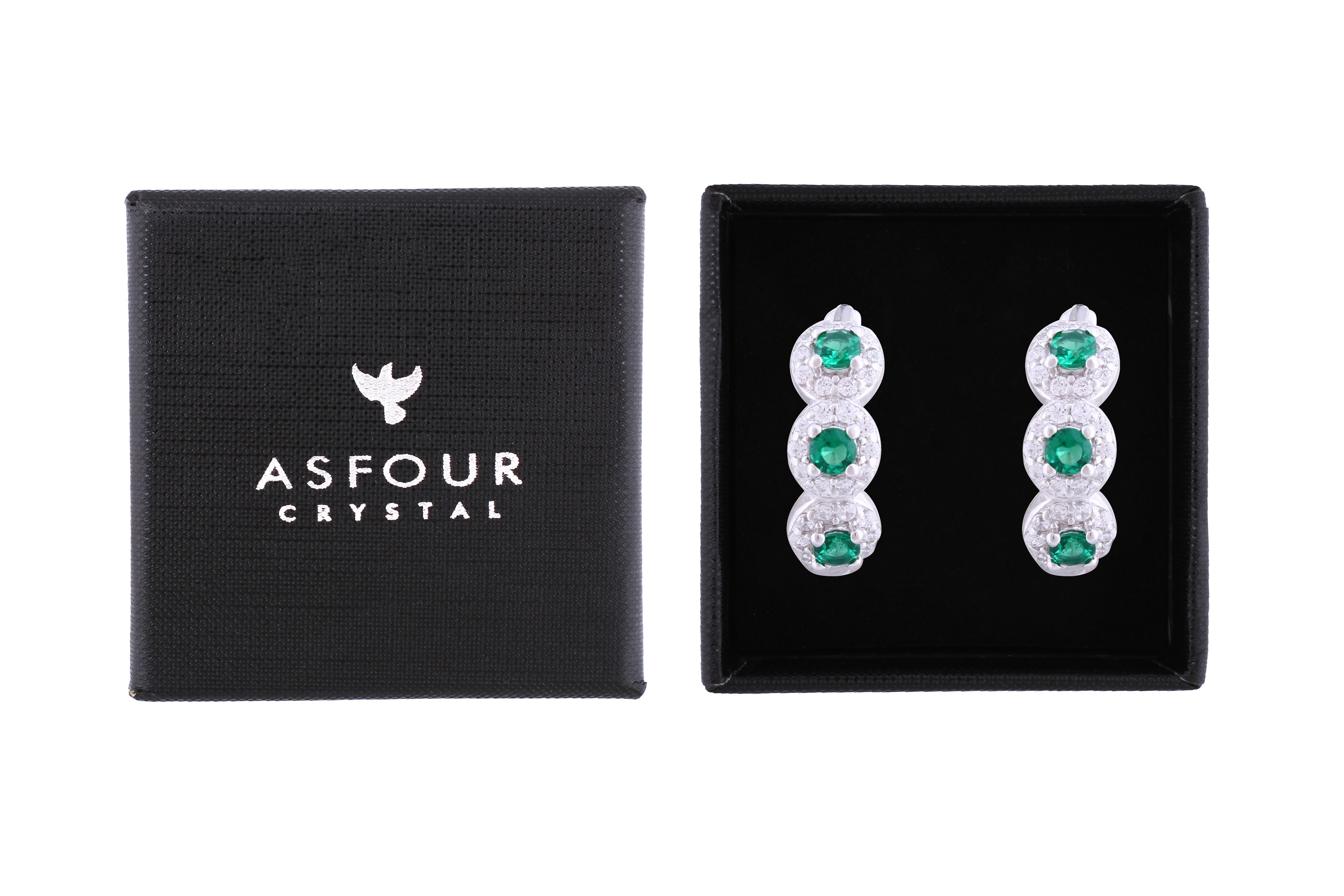 Asfour Crystal Haggie Earrings With Emerald Round Zircon Stones In 925 Sterling Silver ED0020-WG