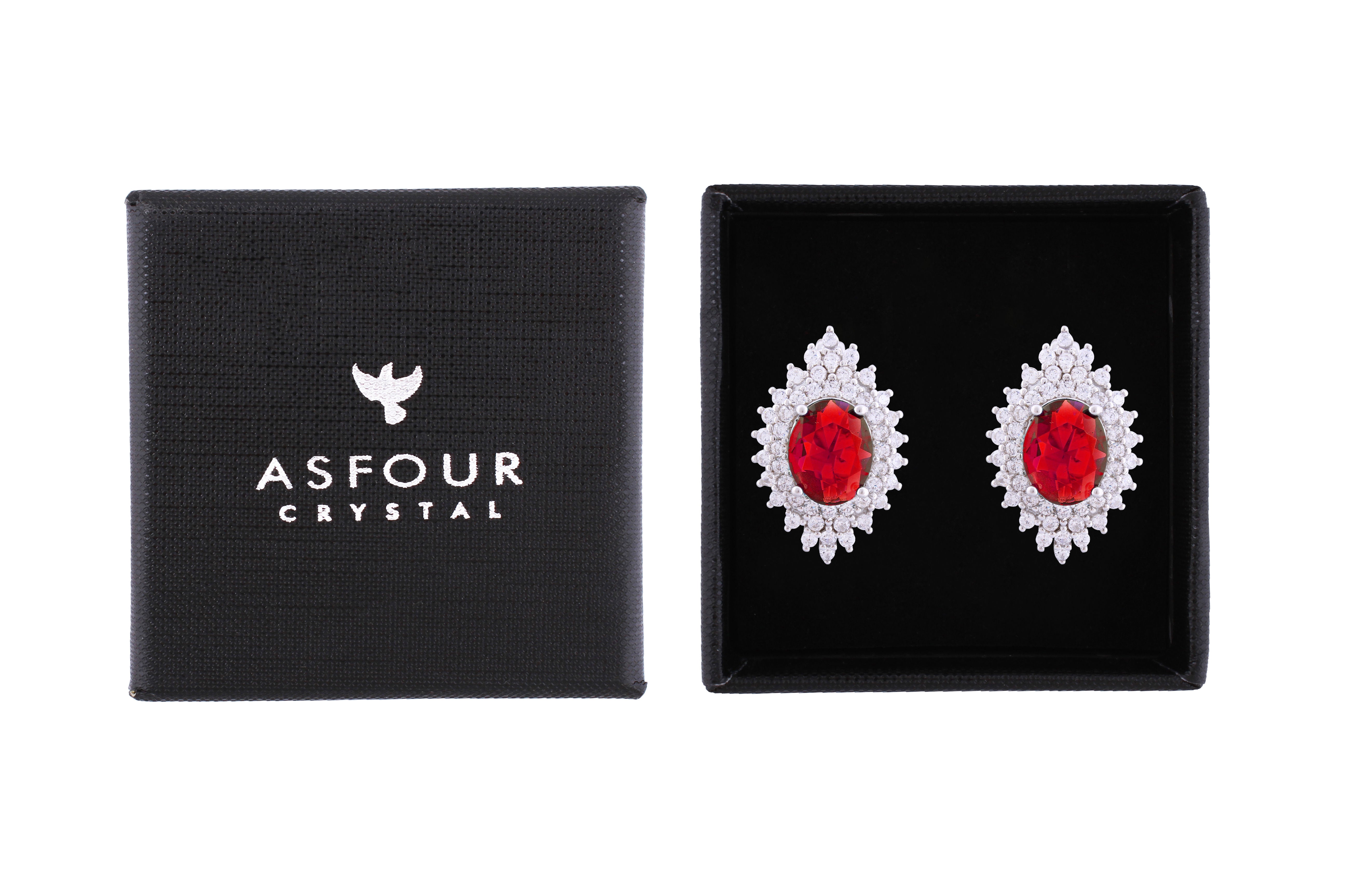 Asfour Crystal Clips Earrings With Red Zircon Stones In 925 Sterling Silver ED0028-WR