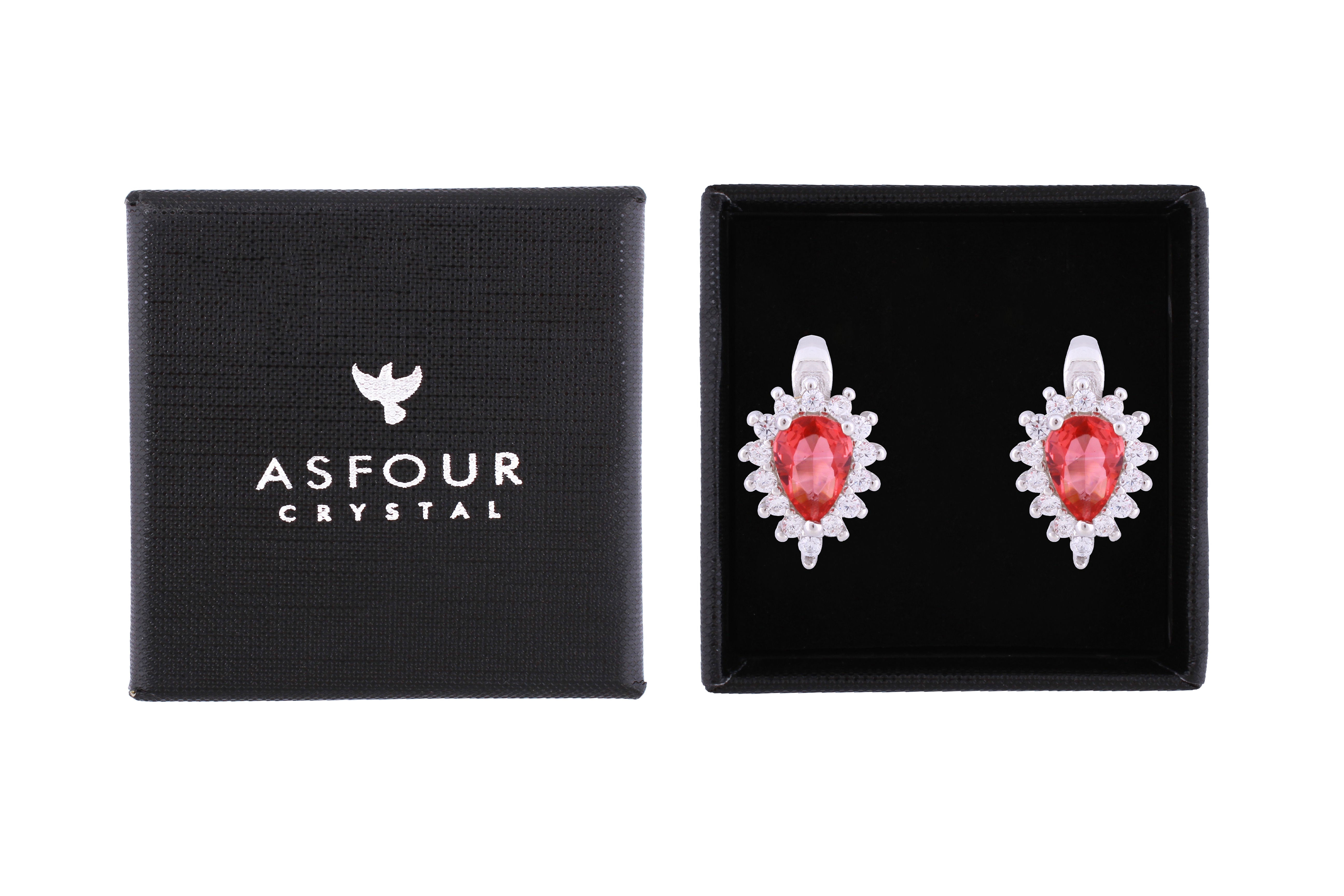 Asfour Crystal Drop Earrings With Dark Rose Pear Design In 925 Sterling Silver ED0034-O5