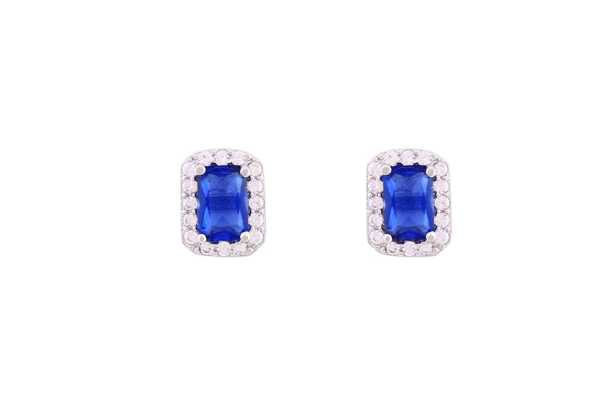 Asfour Crystal Stud Earrings With Emerald Cut Blue Zircon Stone In 925 Sterling Silver ED0035-B