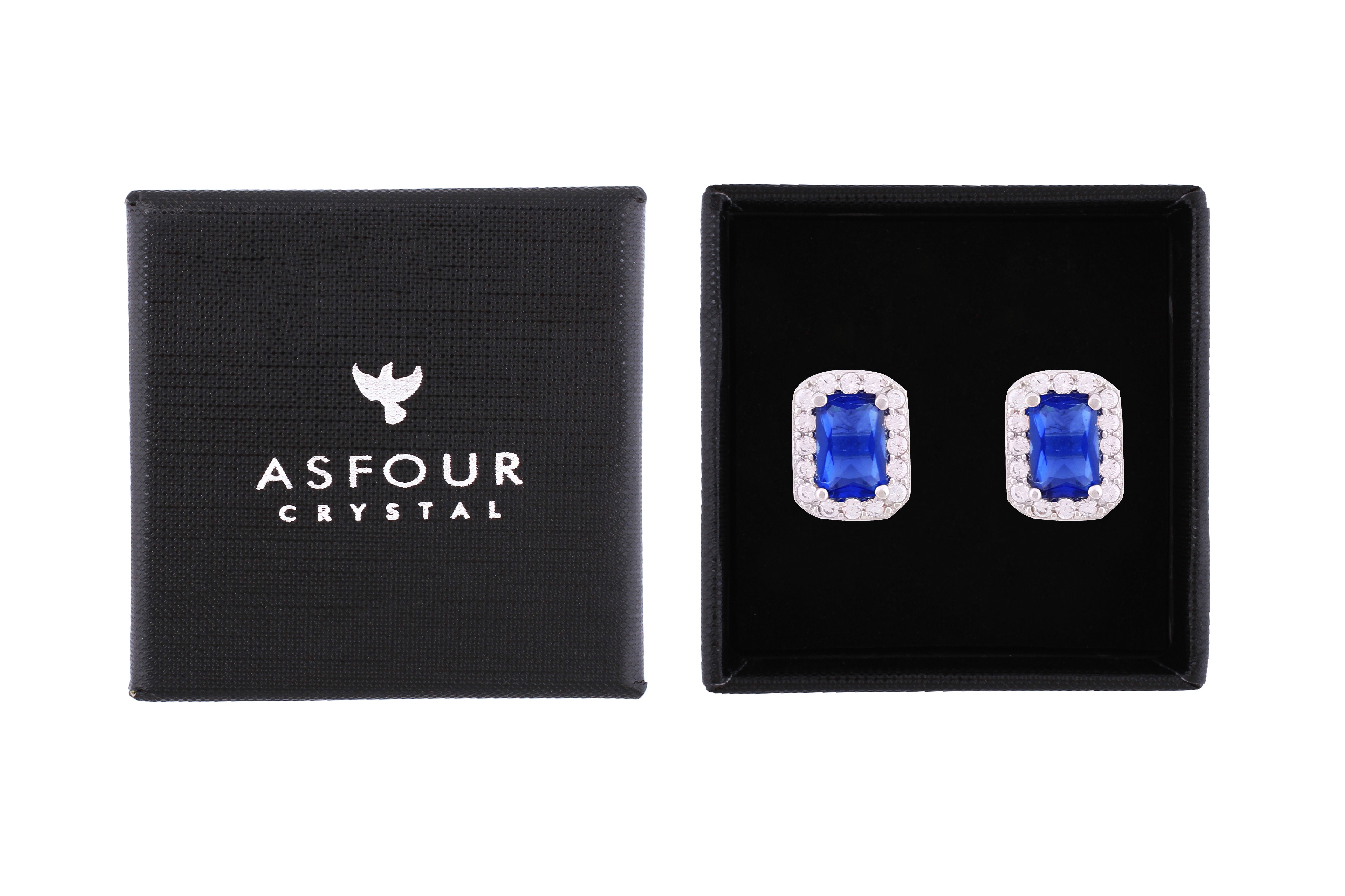 Asfour Crystal Stud Earrings With Emerald Cut Blue Zircon Stone In 925 Sterling Silver ED0035-B