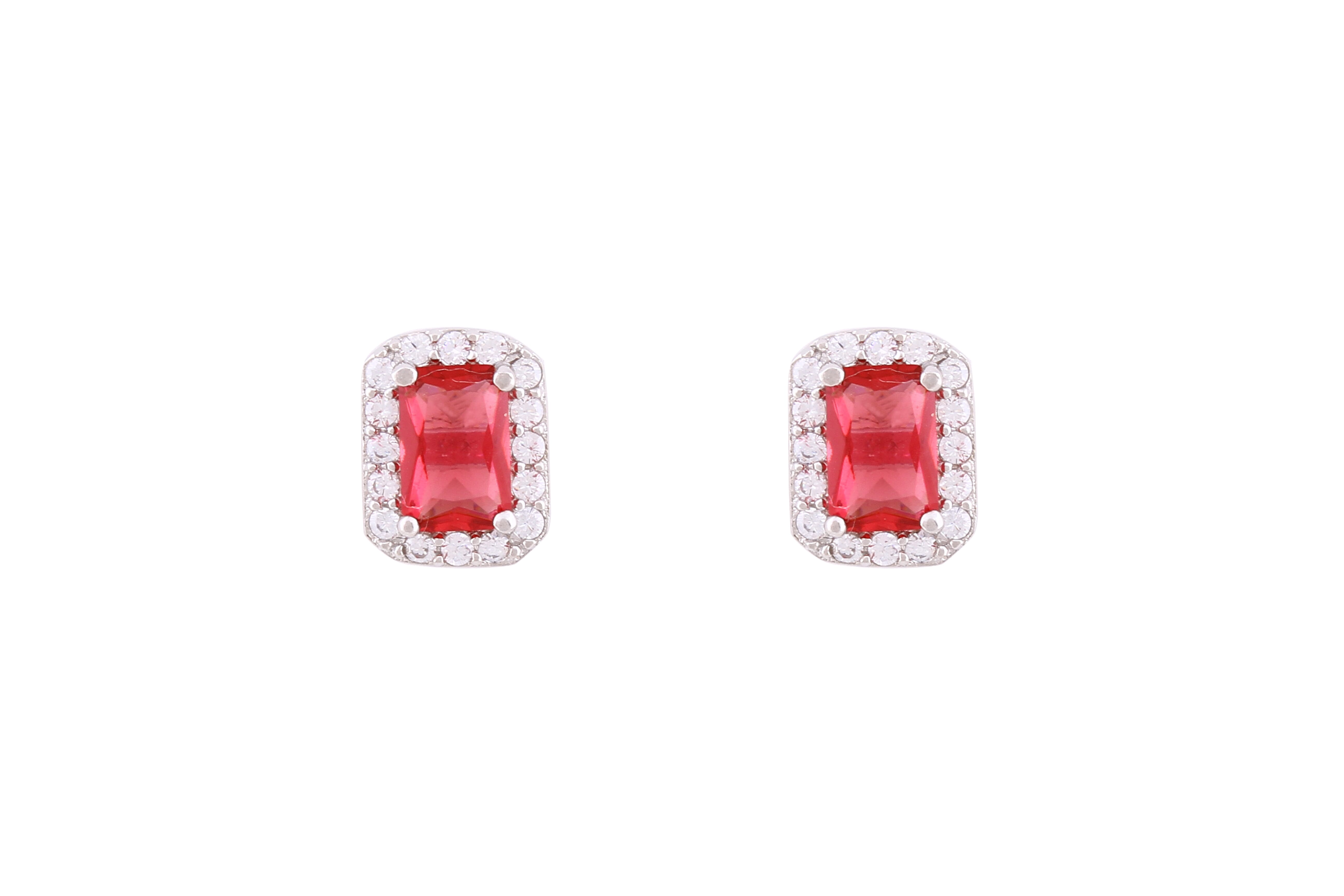 Asfour Crystal Stud Earrings With Emerald Cut Fuchsia Zircon Stone In 925 Sterling Silver ED0035-F