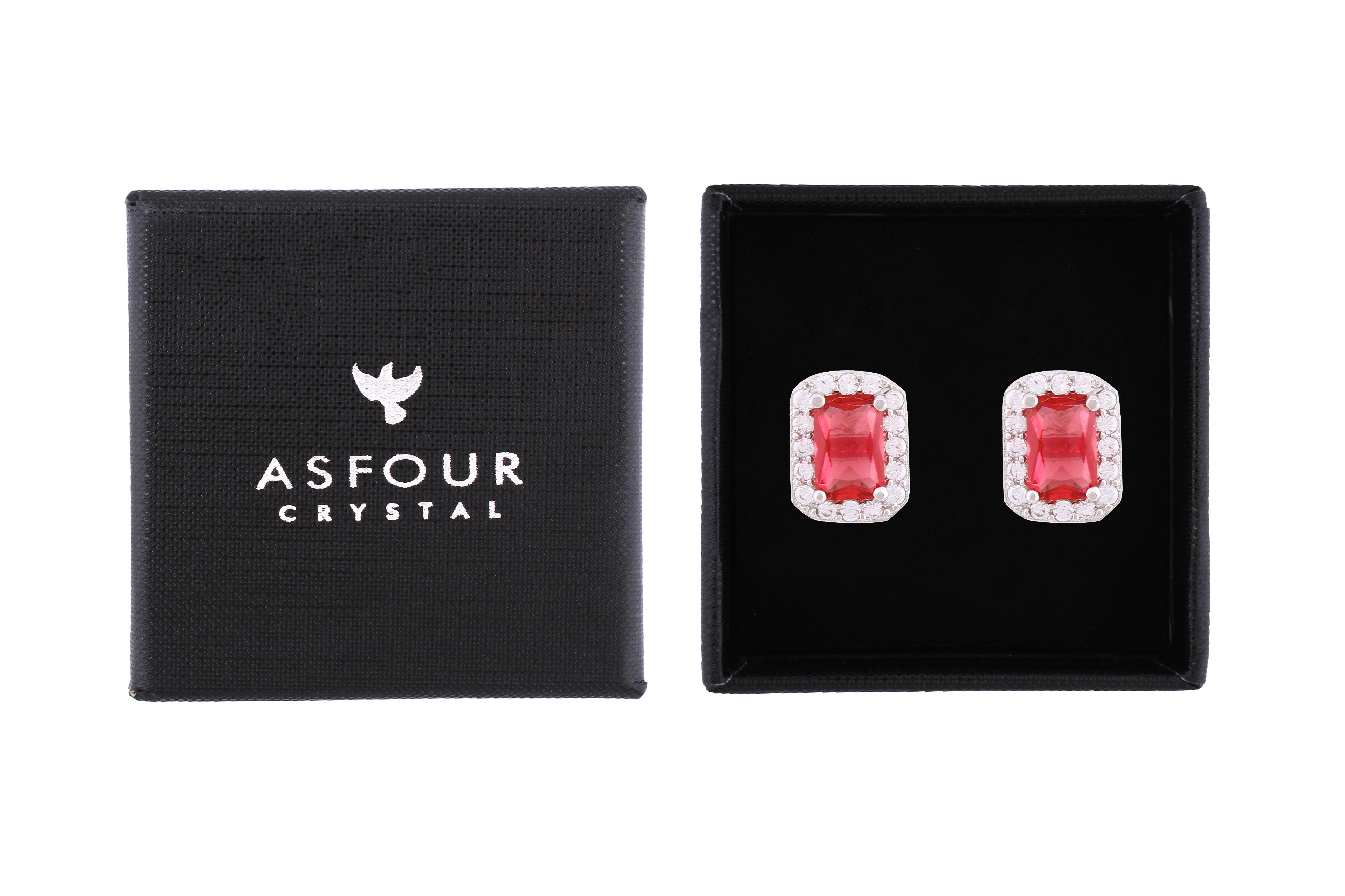 Asfour Crystal Stud Earrings With Emerald Cut Fuchsia Zircon Stone In 925 Sterling Silver ED0035-F