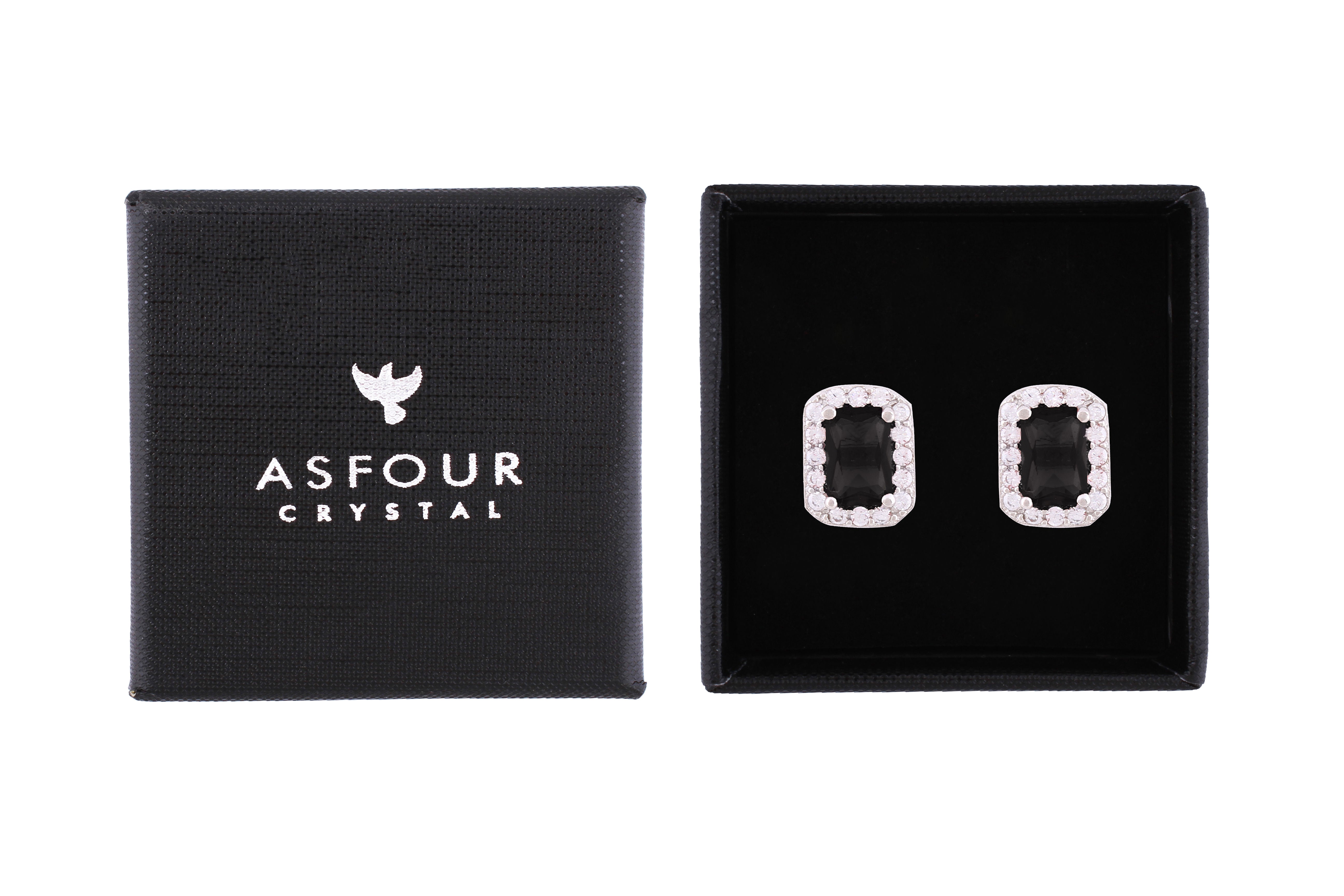 Asfour Crystal Stud Earrings With Emerald Cut Black Zircon Stone In 925 Sterling Silver ED0035-P