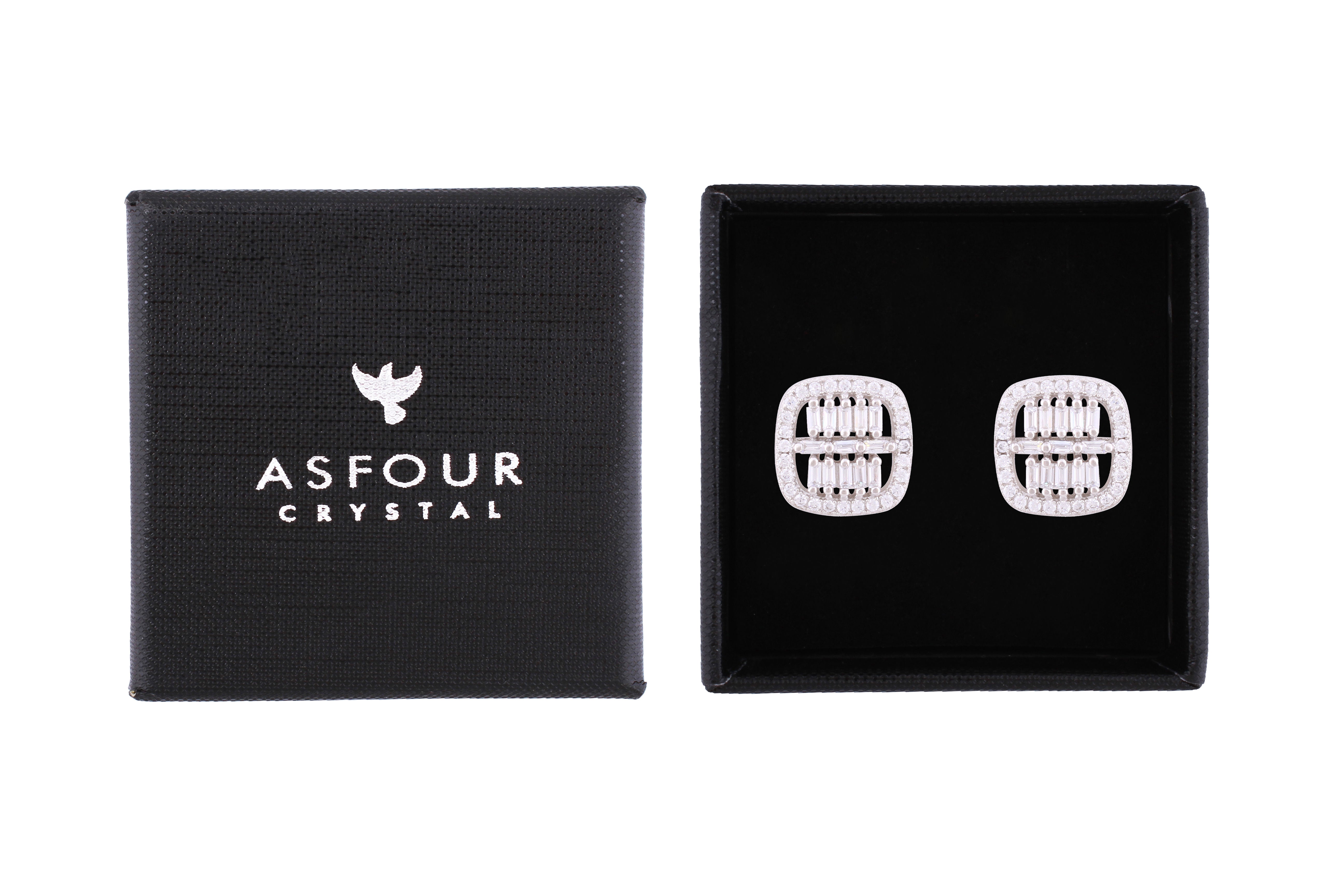 Asfour Crystal Stud Earrings With Art Deco Design Inlaid With Zircon In 925 Sterling Silver ED0037