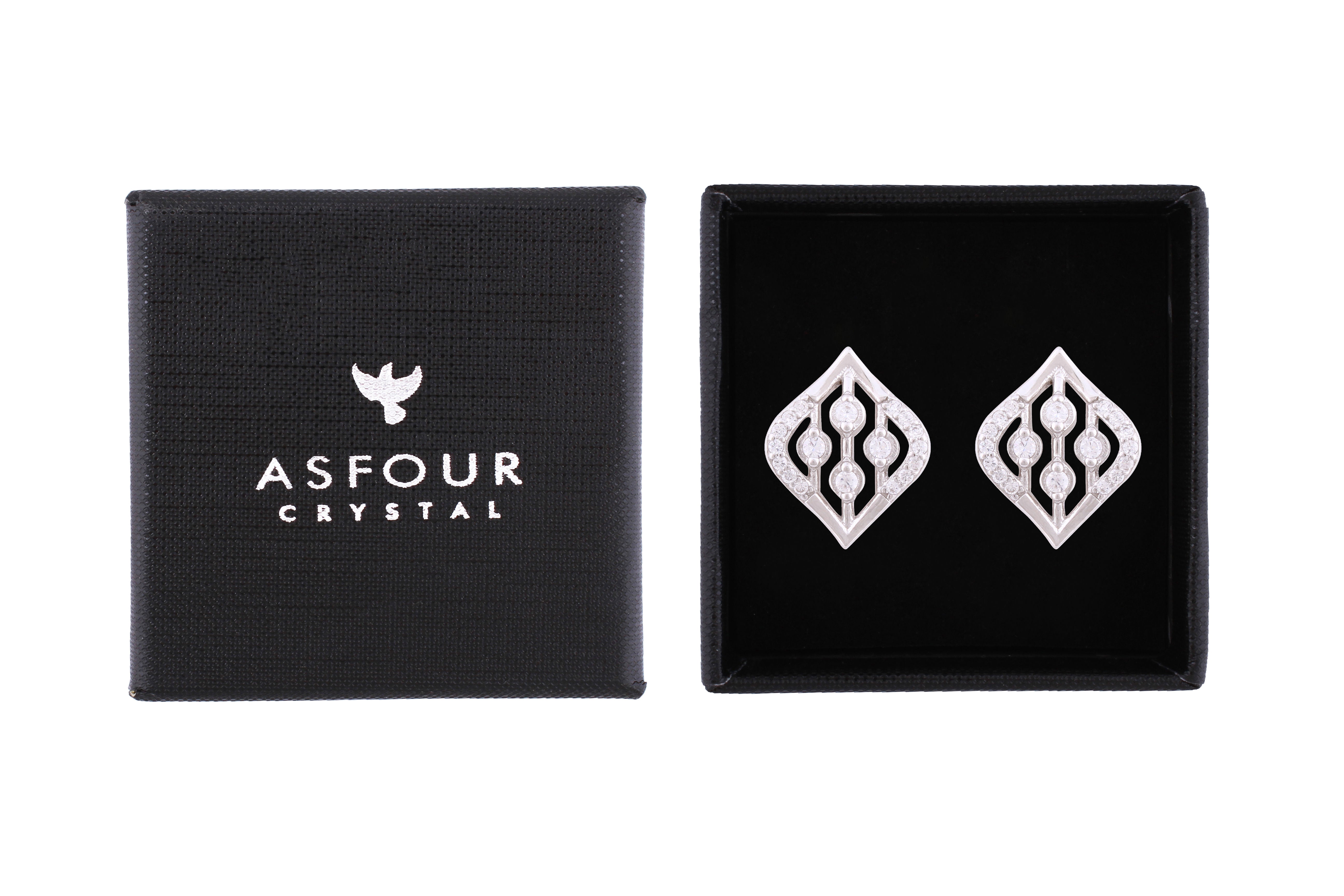 Asfour Crystal Stud Earrings With Art Deco Design Inlaid With Zircon In 925 Sterling Silver ED0040