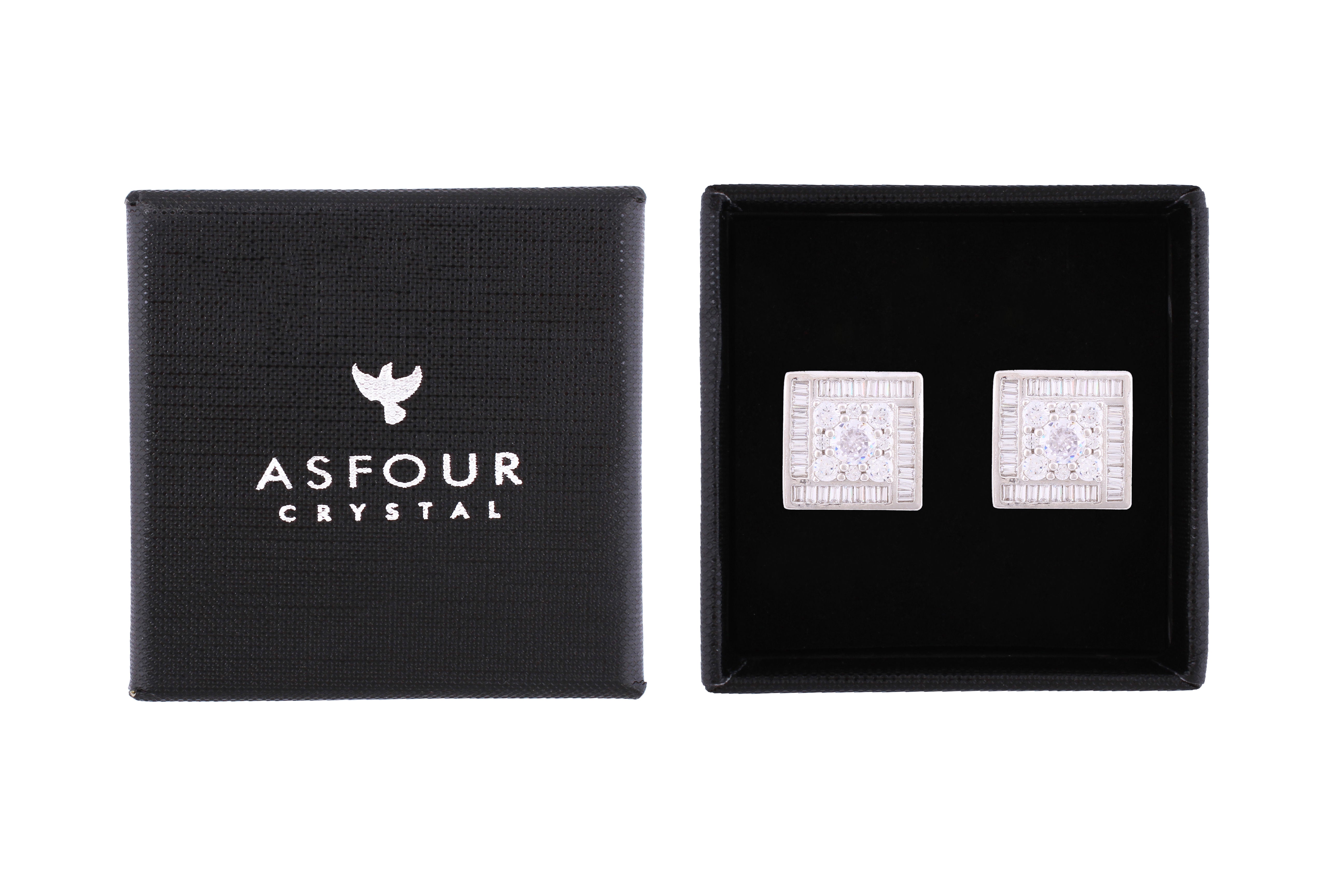 Asfour Crystal Stud Earrings With Square Shape Inlaid With Zircon In 925 Sterling Silver ED0042