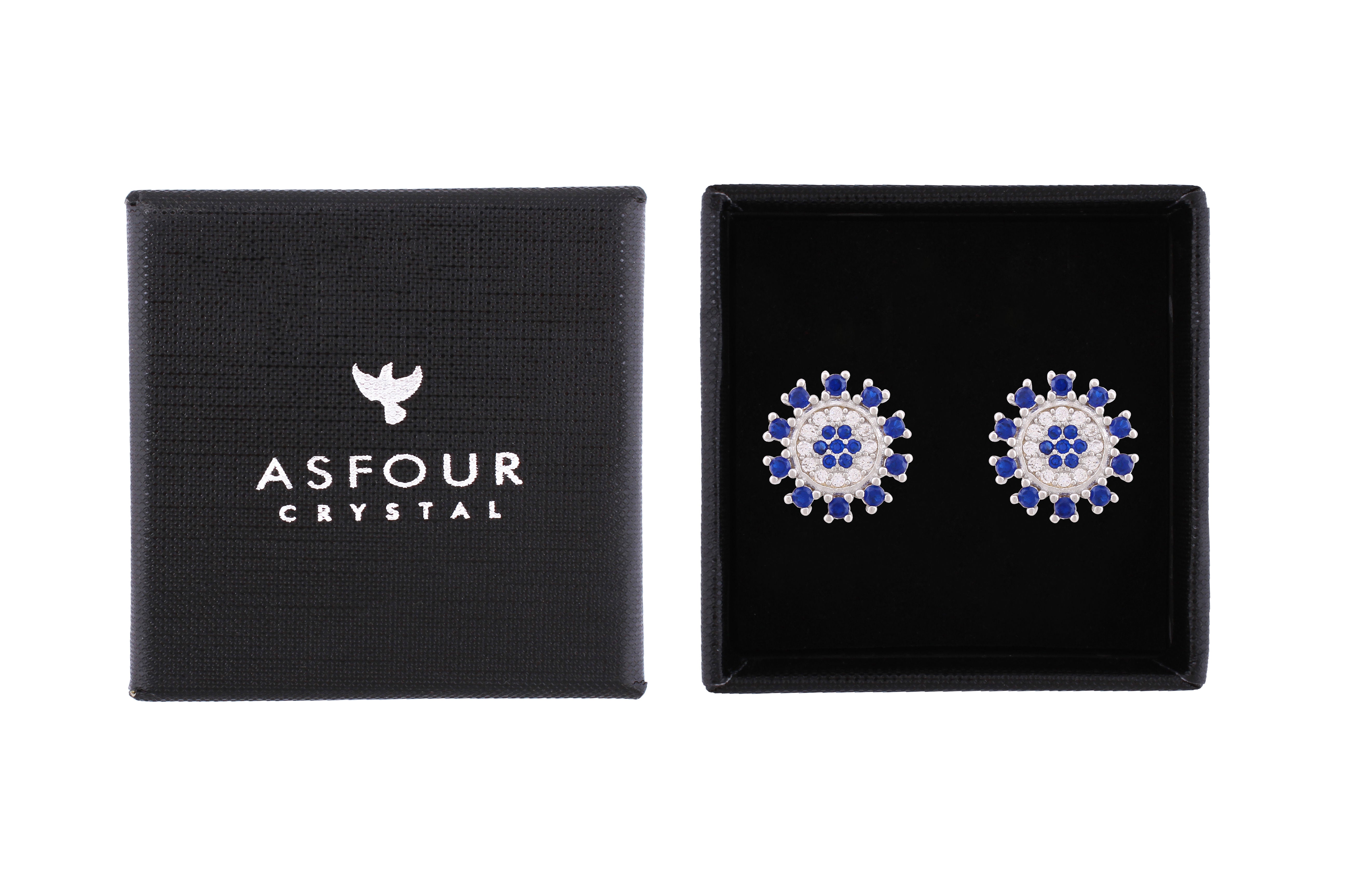 Asfour Crystal Stud Earrings With Blue Round Design Inlaid With Zircon In 925 Sterling Silver ED0047-WB