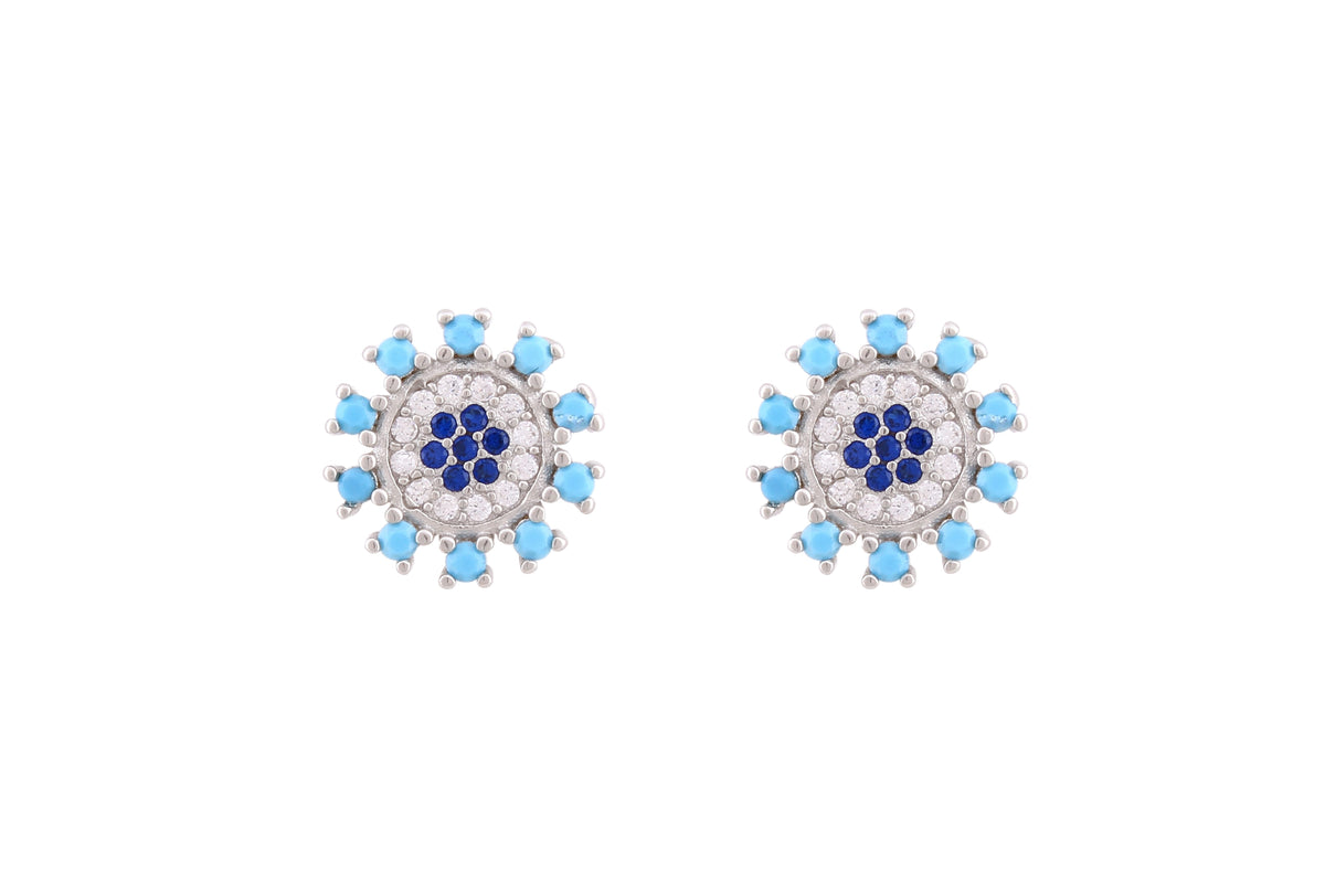 Asfour Crystal Stud Earrings With Aquamarine Round Design In 925 Sterling Silver ED0047-WM