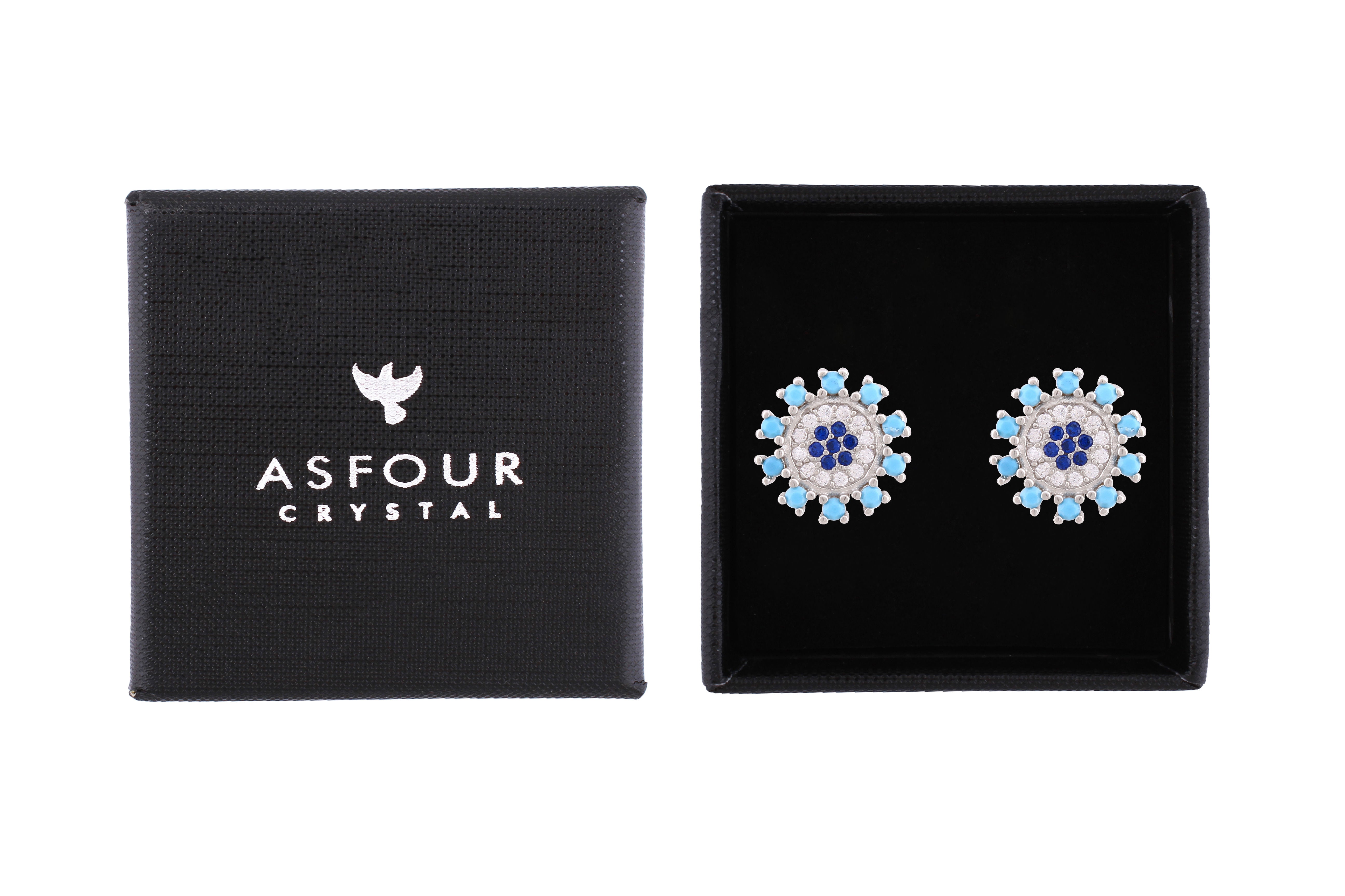 Asfour Crystal Stud Earrings With Aquamarine Round Design In 925 Sterling Silver ED0047-WM