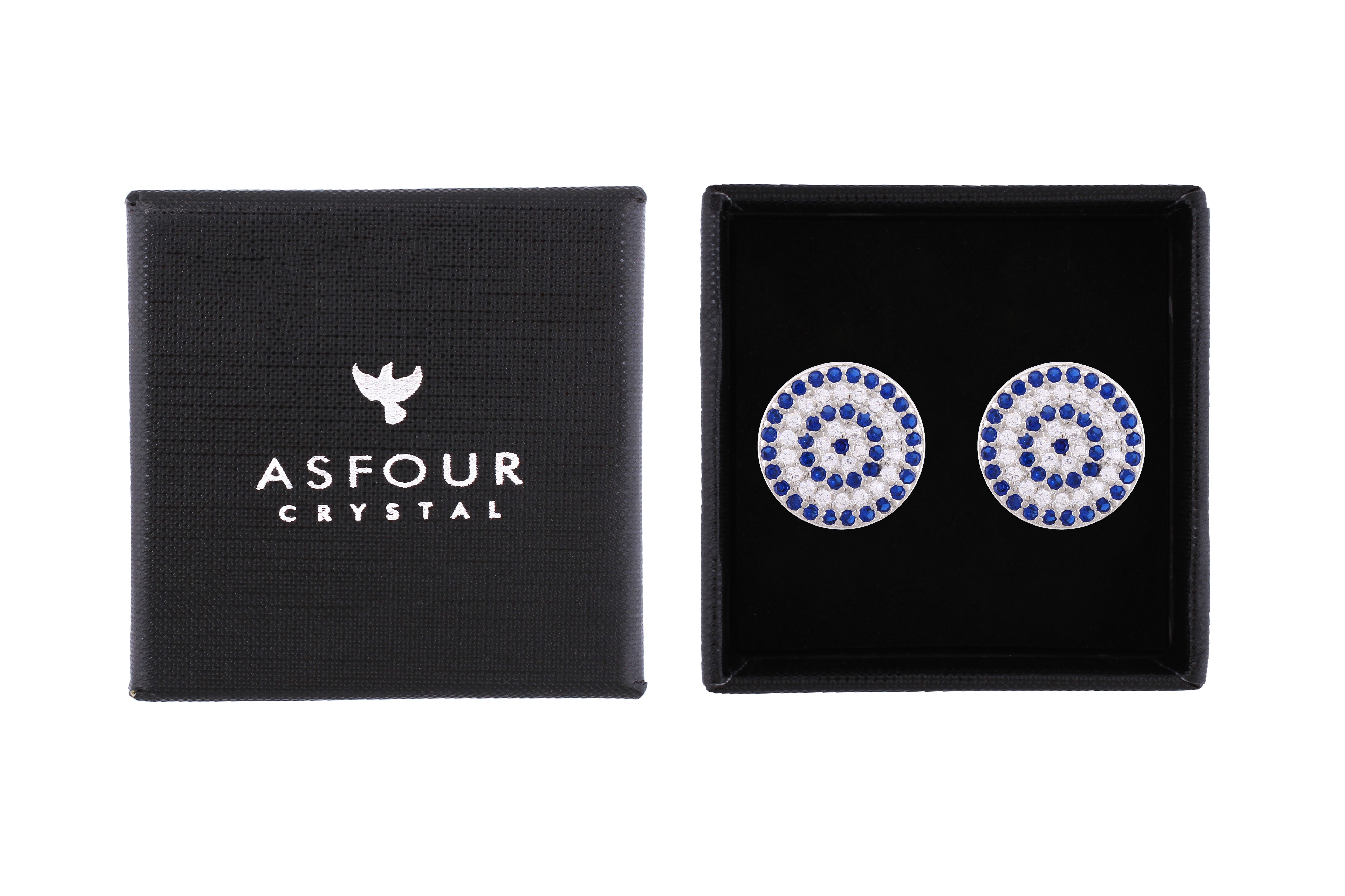 Asfour Crystal Stud Earrings With Blue Evil Eye Design In 925 Sterling Silver ED0048-WB