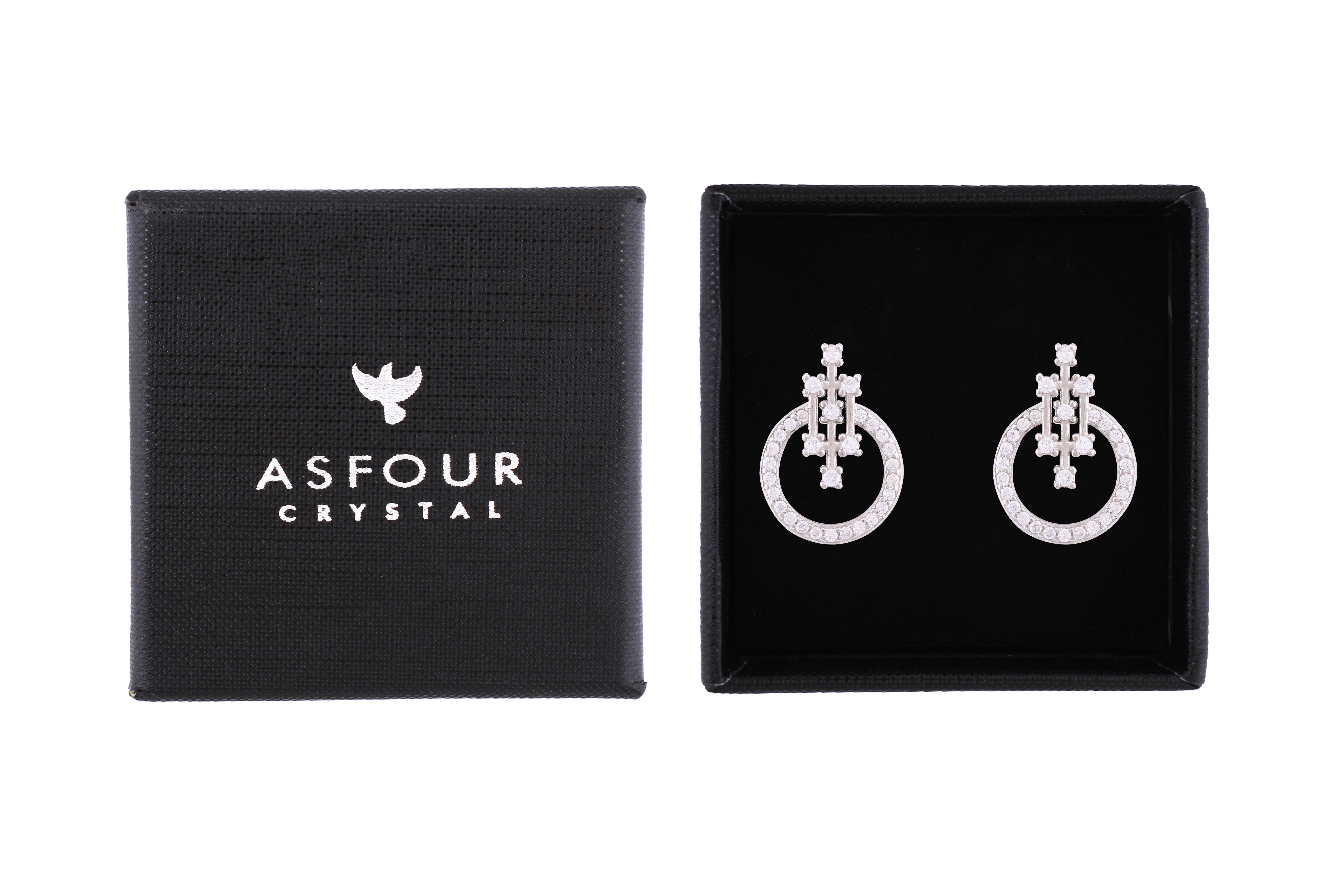 Asfour Crystal Stud Earrings With Round Design Inlaid With Zircon In 925 Sterling Silver ED0051