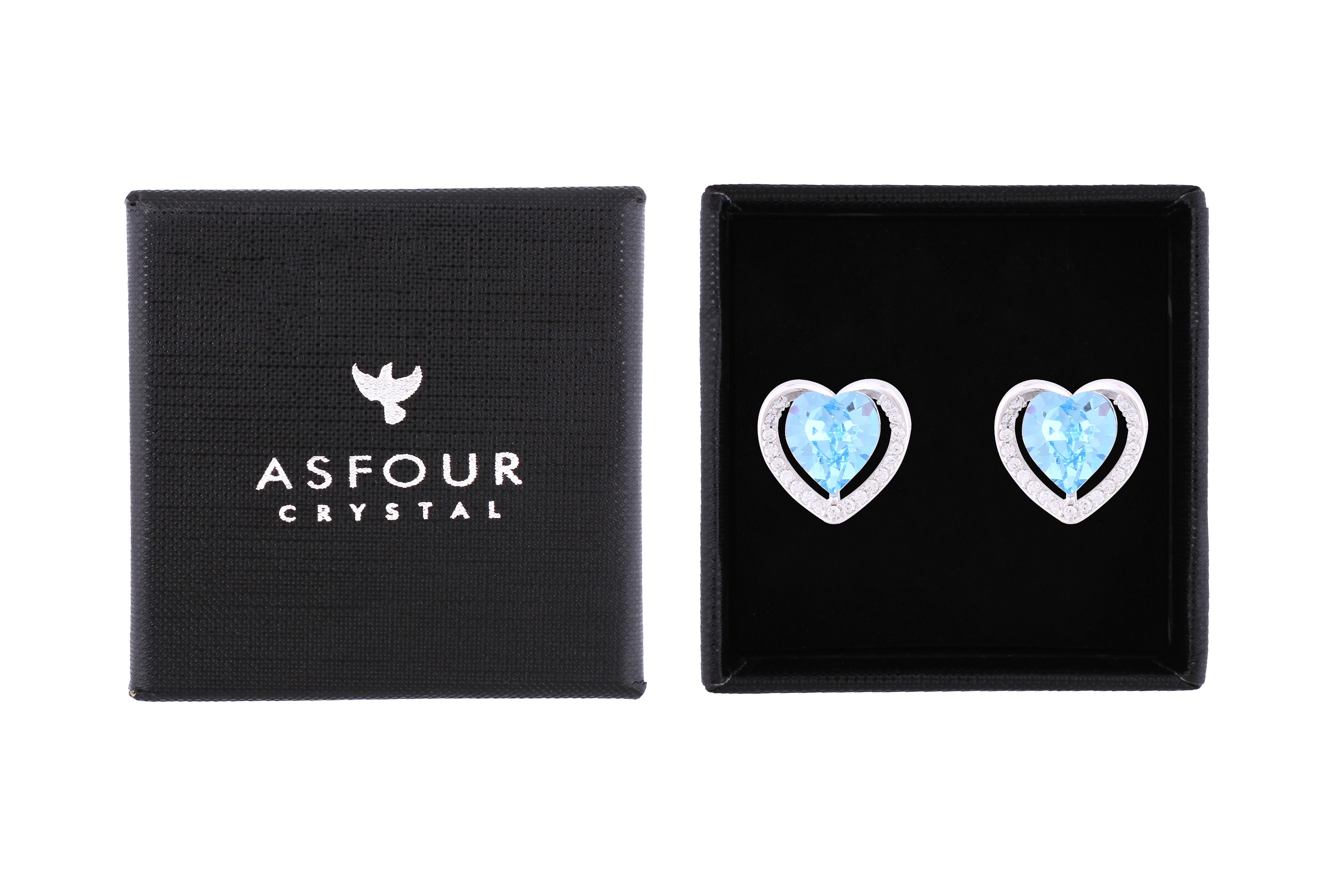 Asfour Crystal Stud Earrings With Aquamarine Heart Design In 925 Sterling Silver ED0055-M