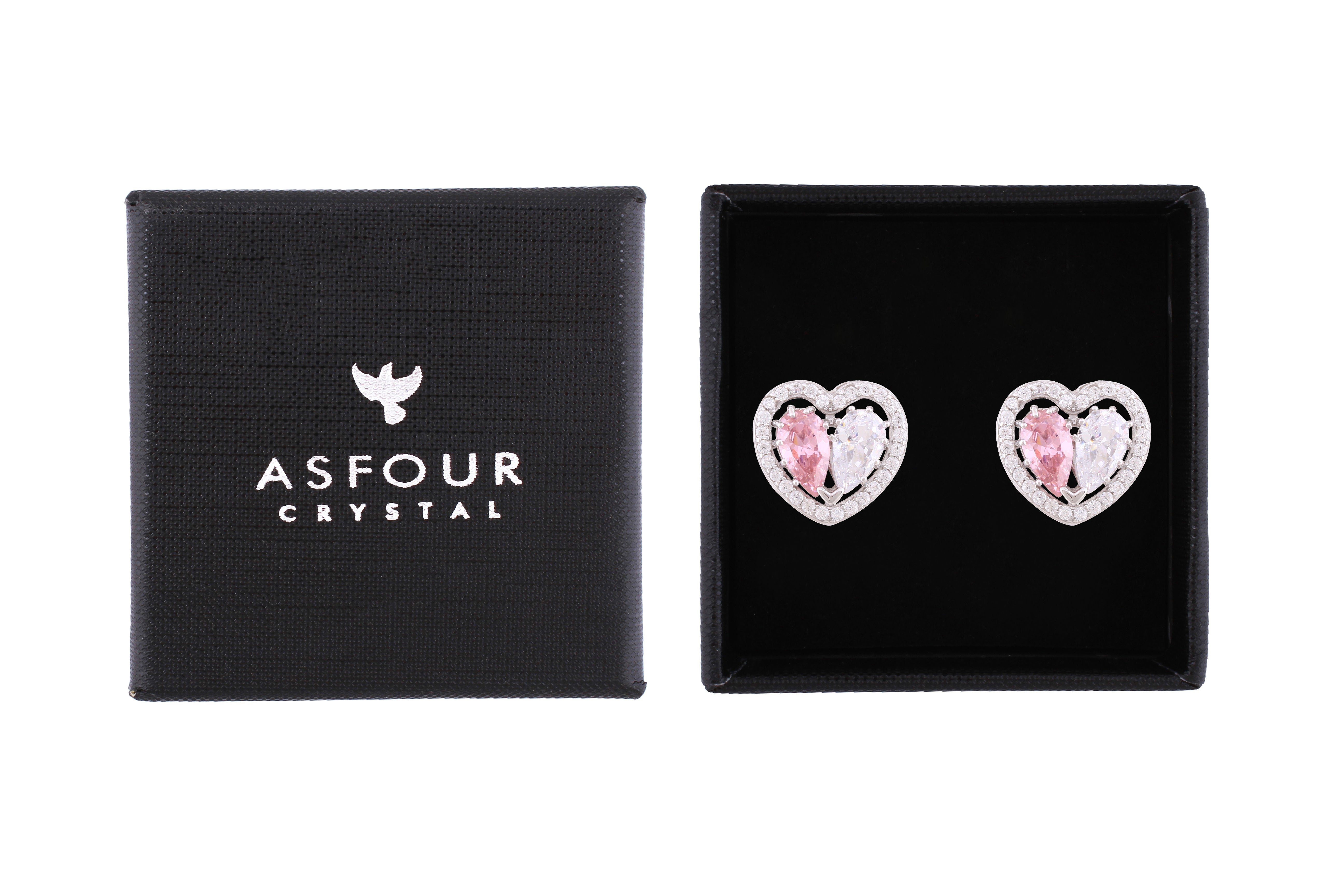 Asfour Crystal Stud Earrings With Rose & Clear Heart Design In 925 Sterling Silver ED0056-WO