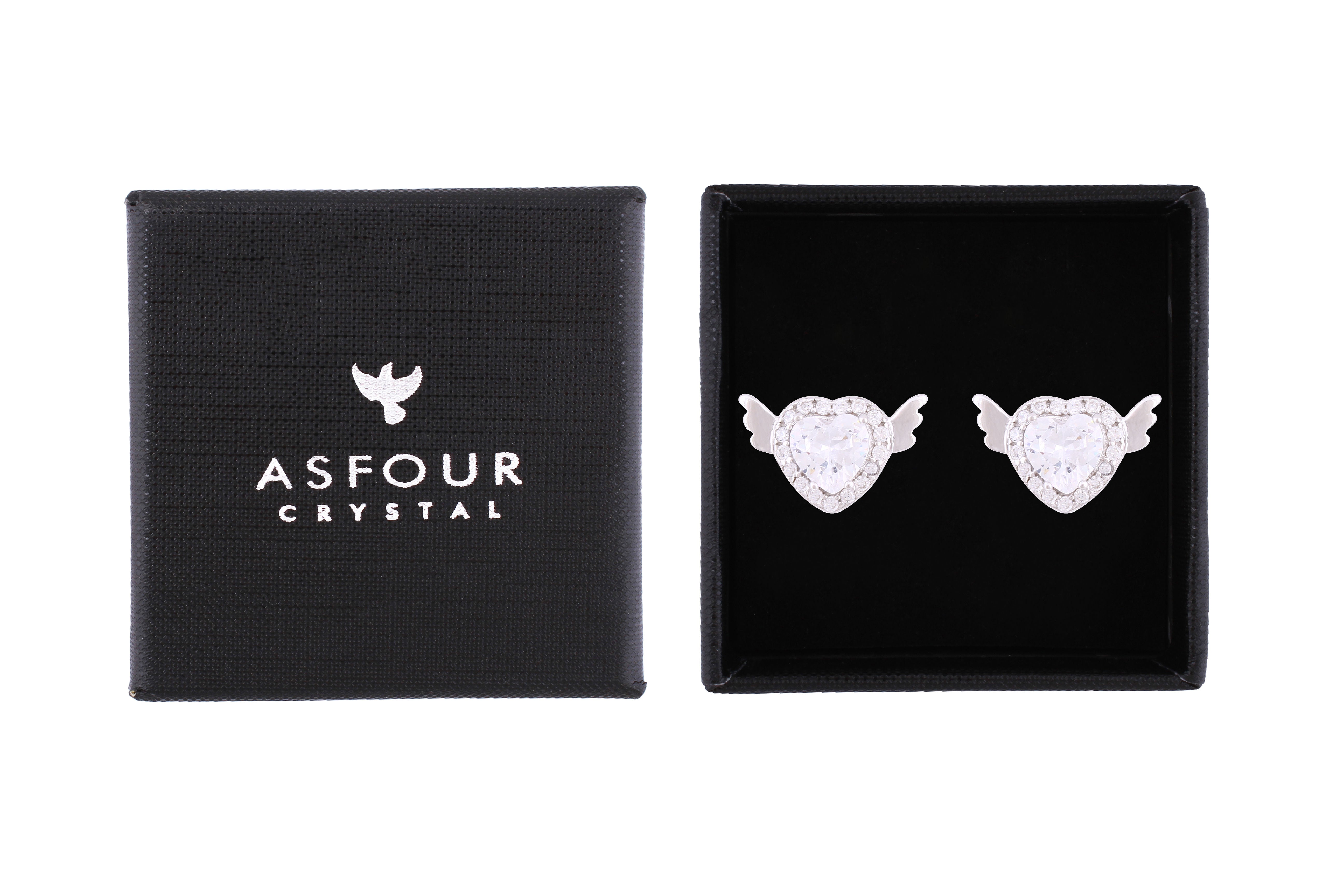 Asfour Crystal Stud Earrings With Angel Wing Heart Design In 925 Sterling Silver ED0064