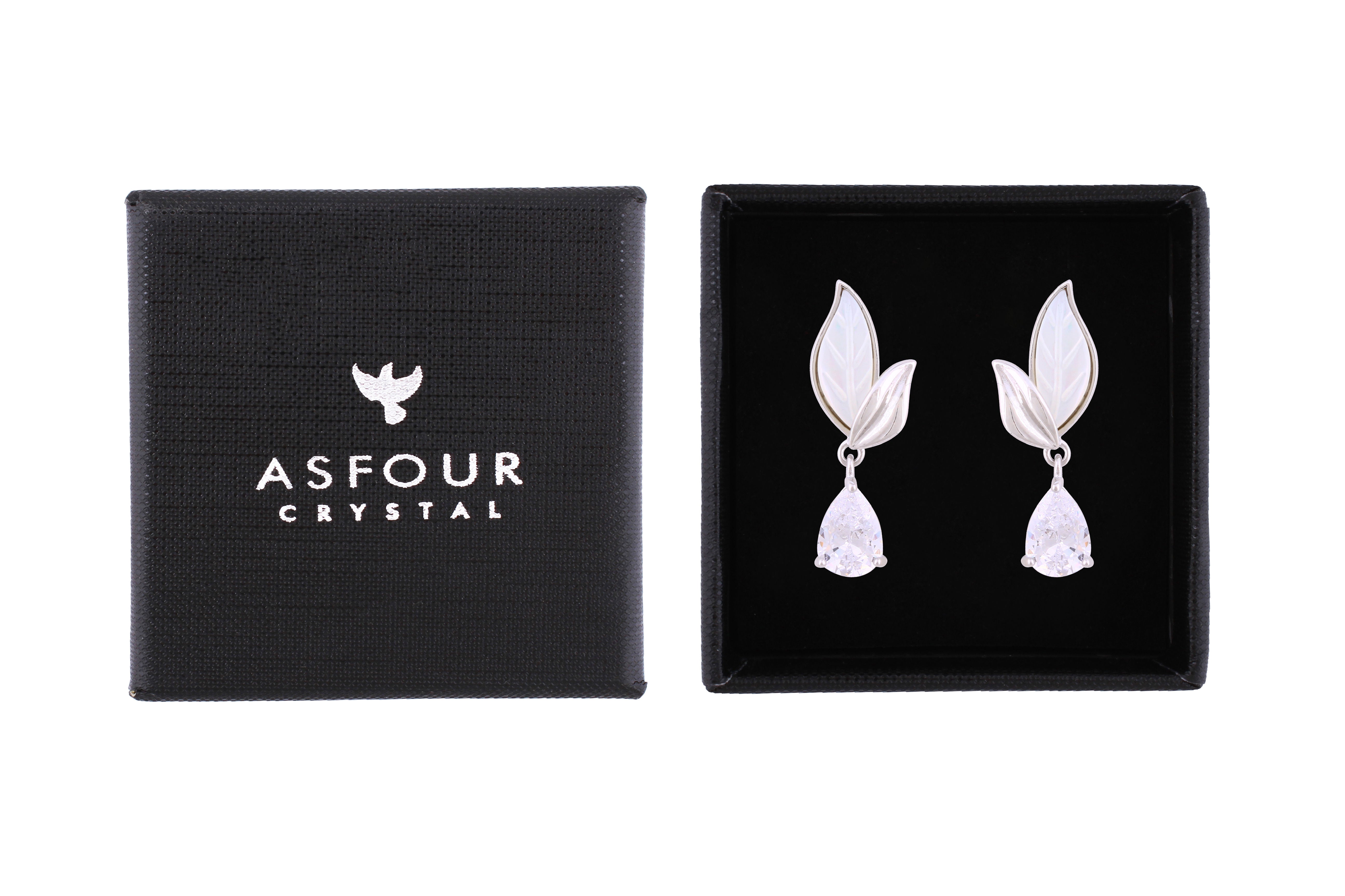 Asfour Crystal Stud Earrings With Leaf Shape Inlaid With Zircon In 925 Sterling Silver ED0067