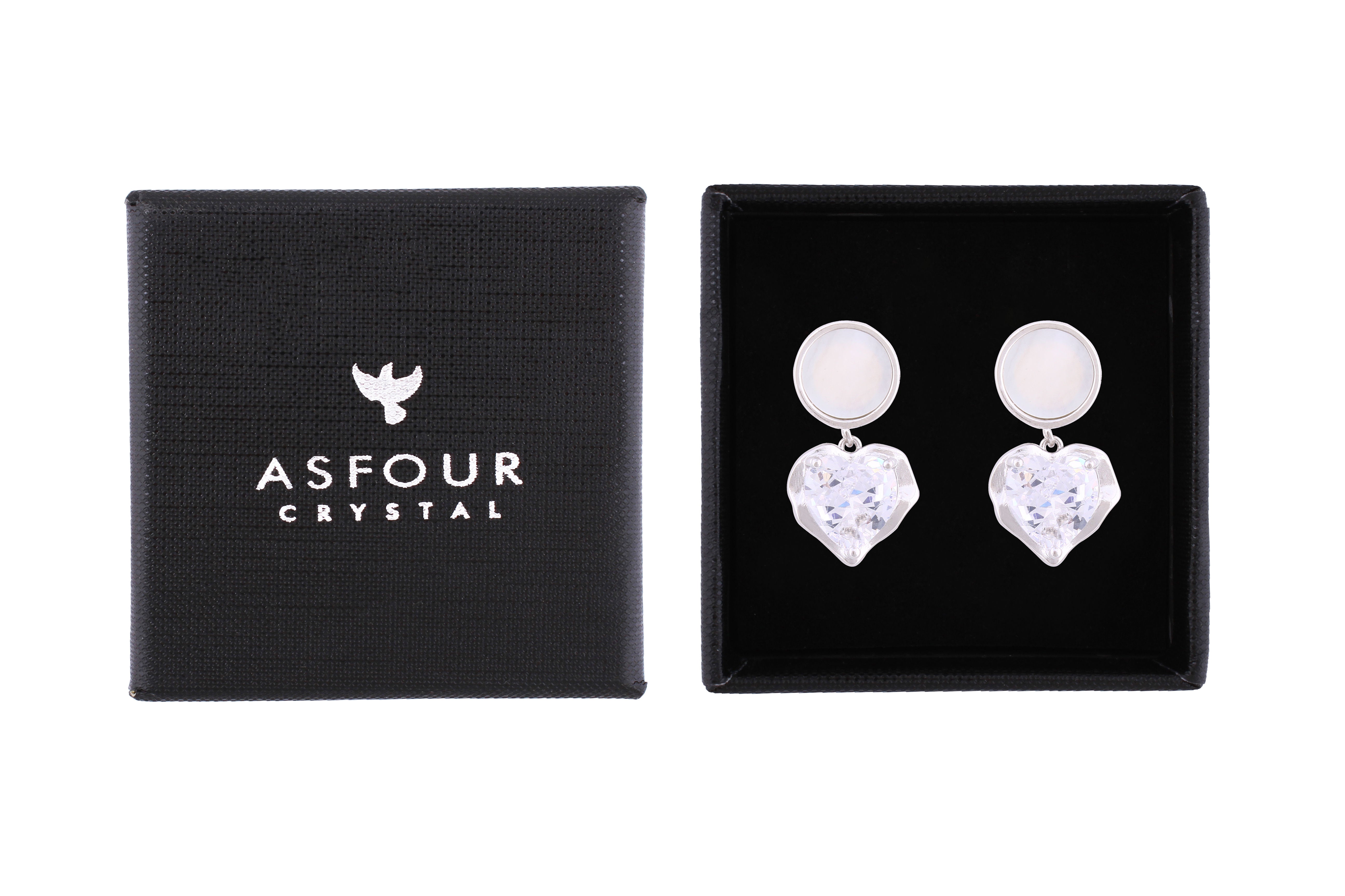 Asfour Crystal Stud Earrings With Heart Design In 925 Sterling Silver ED0073