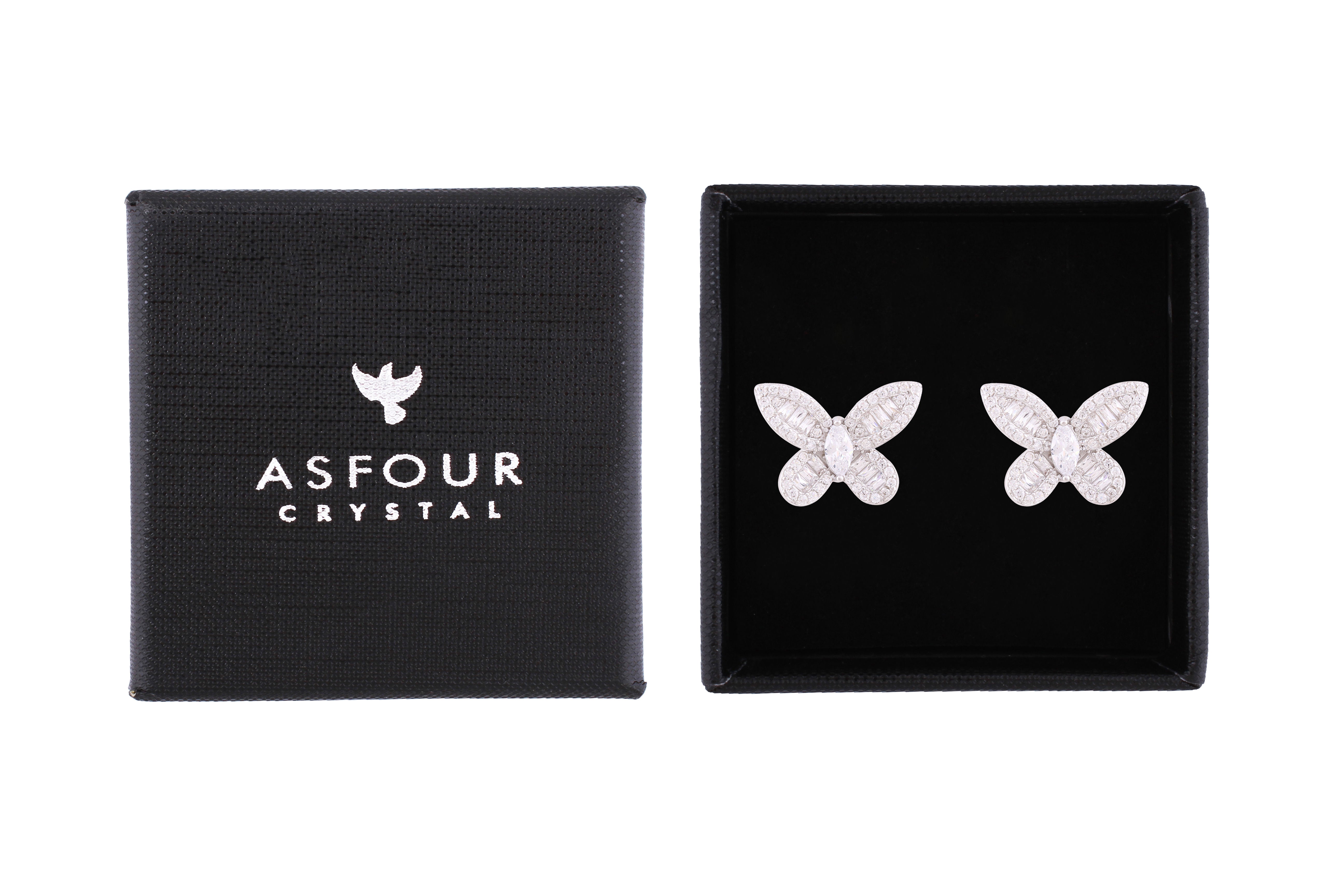 Asfour Crystal Stud Earrings With Butterfly Design Inlaid With Zircon In 925 Sterling Silver ED0078