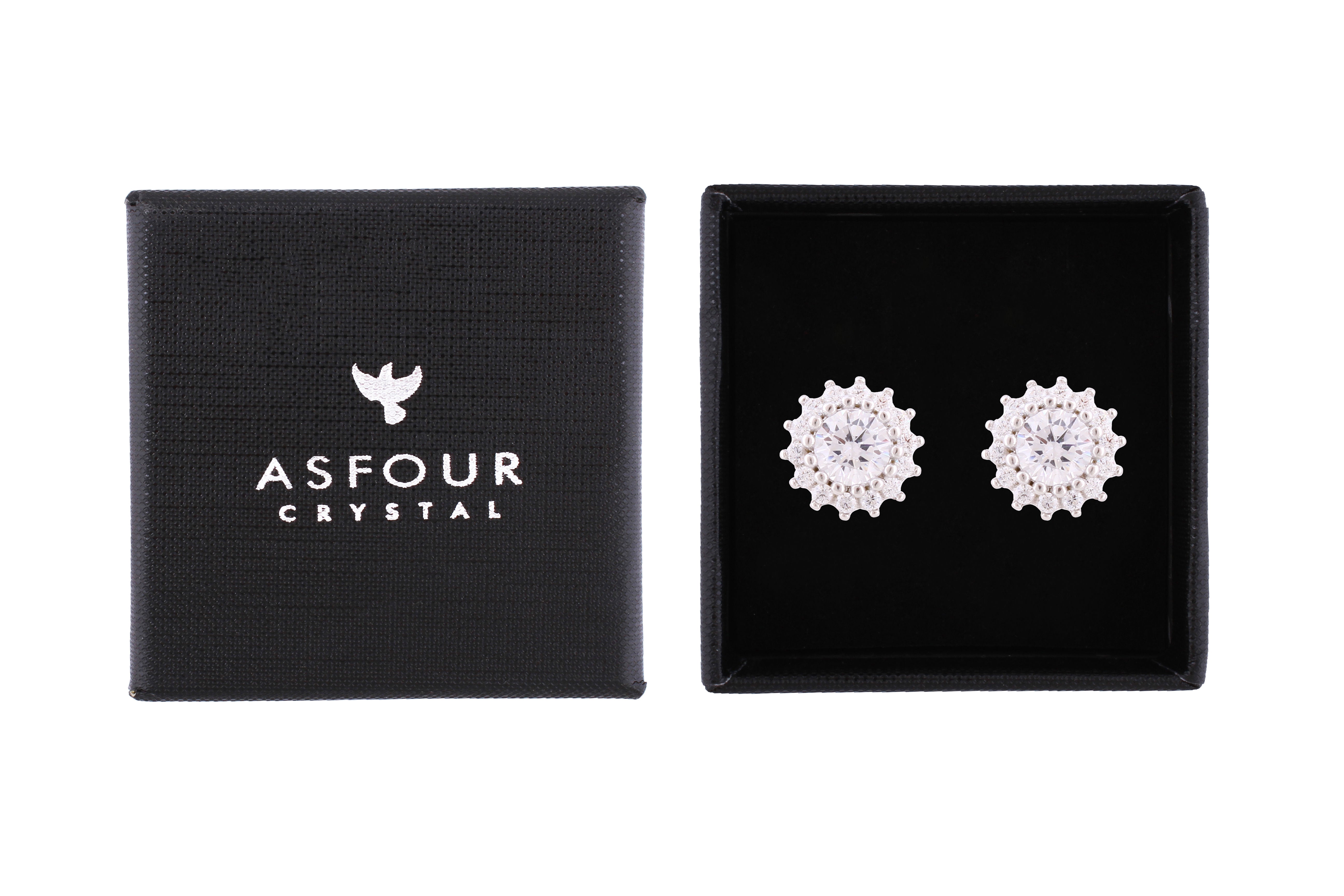 Asfour Crystal Stud Earrings With Round Design Inlaid With Zircon In 925 Sterling Silver ED0084