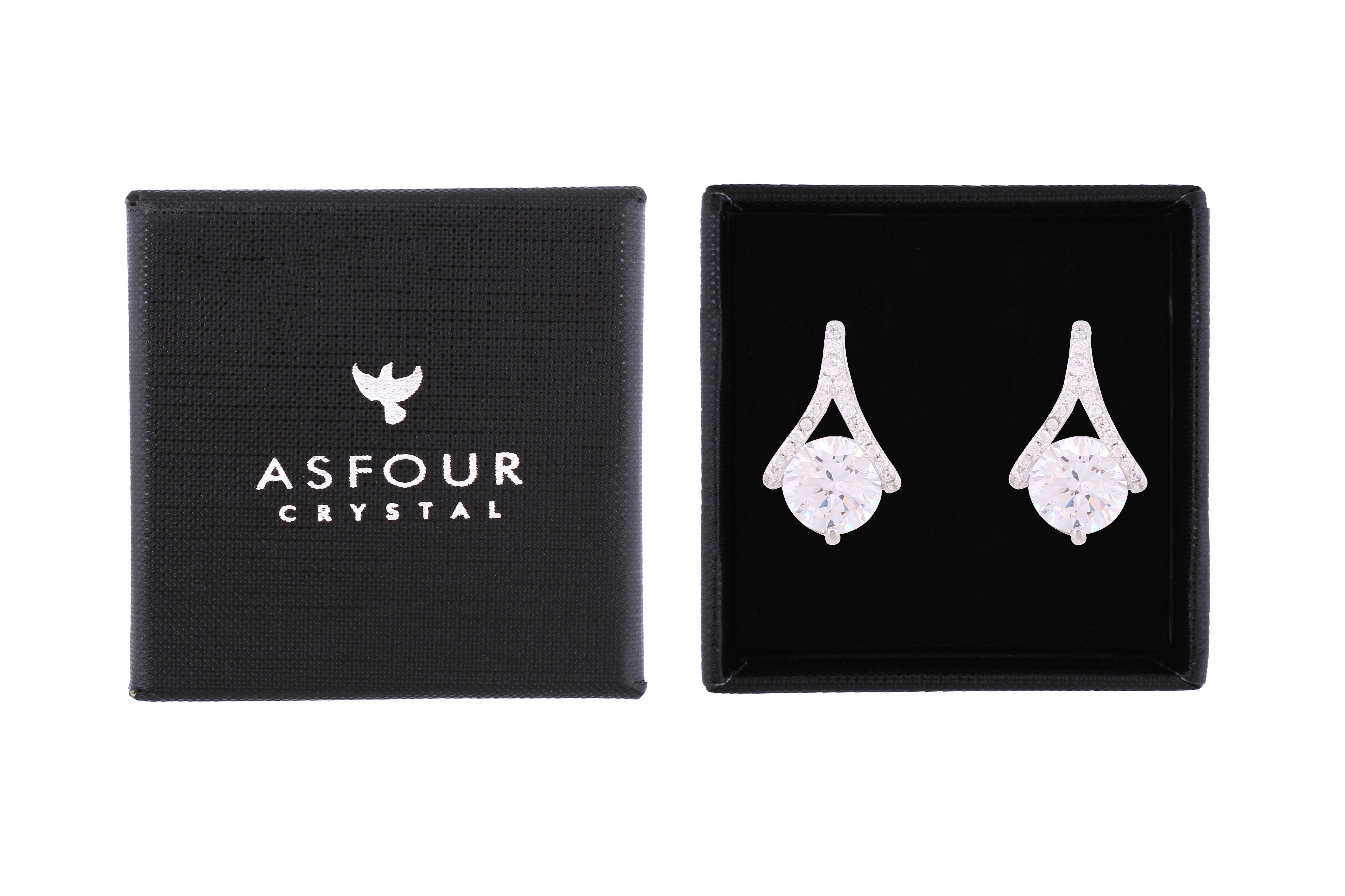 Asfour Crystal Stud Earrings With Art Deco Design Inlaid With Zircon In 925 Sterling Silver ED0085