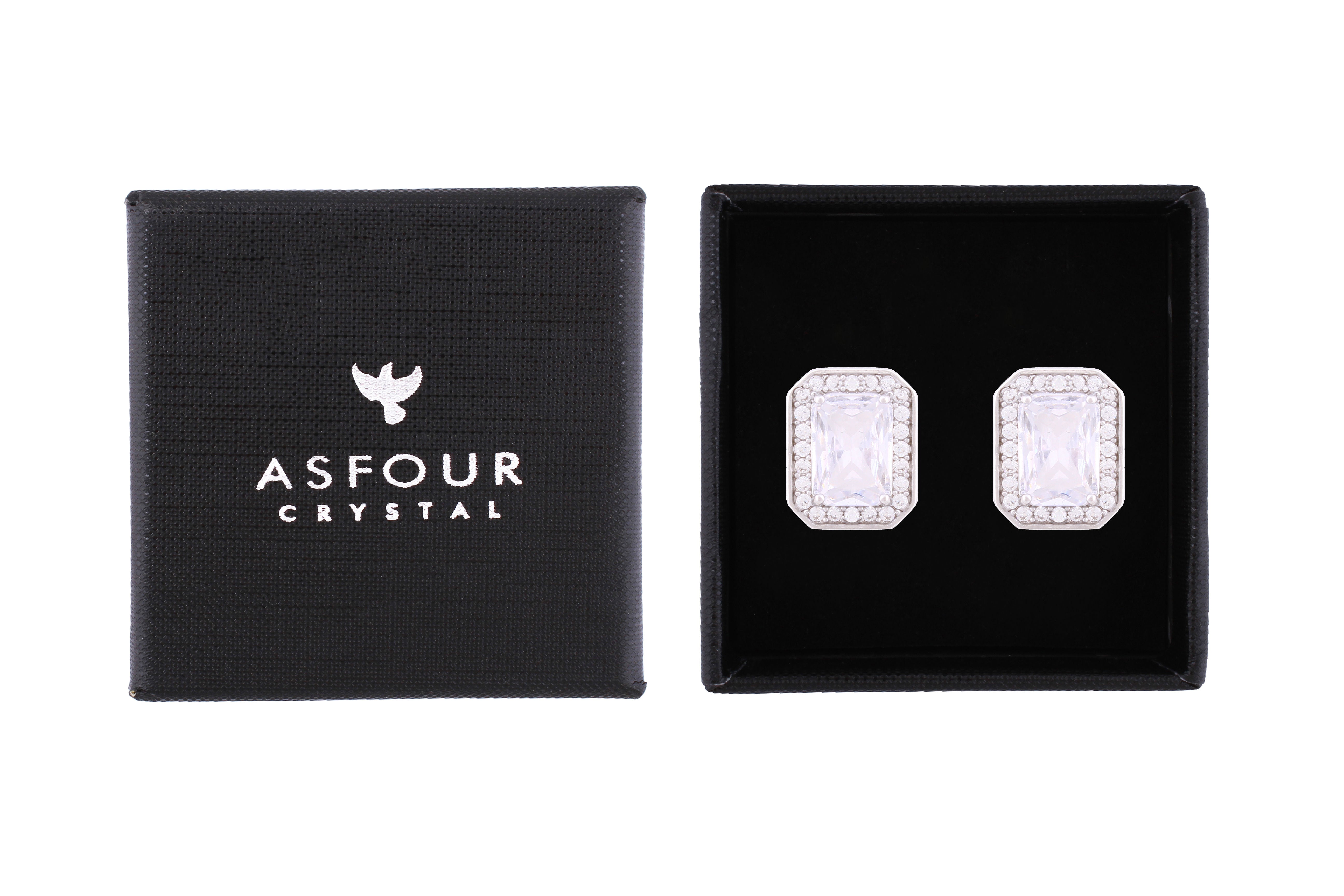 Asfour Crystal Stud Earrings Inlaid With Emerald Cut Zircon Stone In 925 Sterling Sillver ED0087