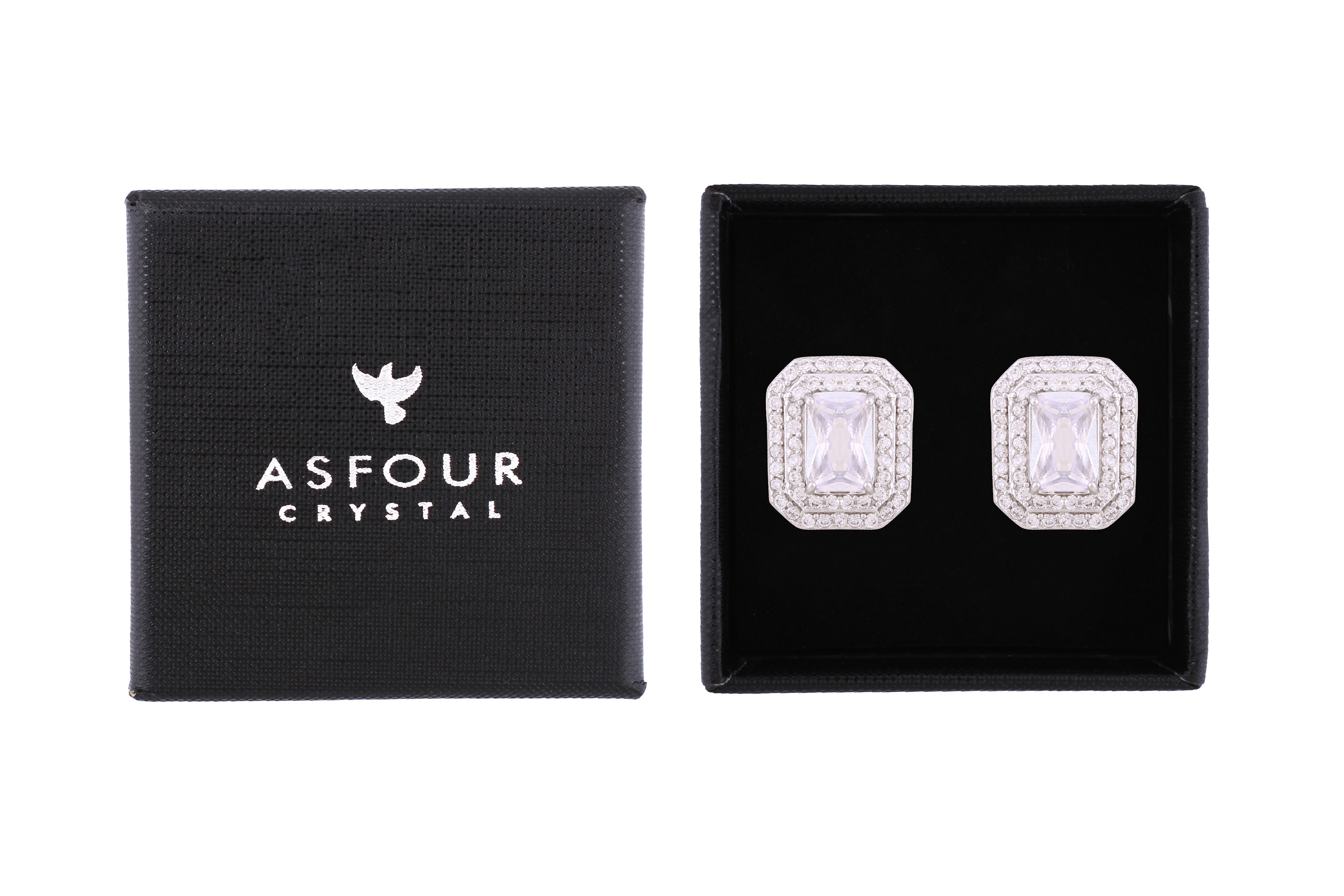 Asfour Crystal Stud Earrings Inlaid With Emerald Cut Zircon Stone In 925 Sterling Sillver ED0088