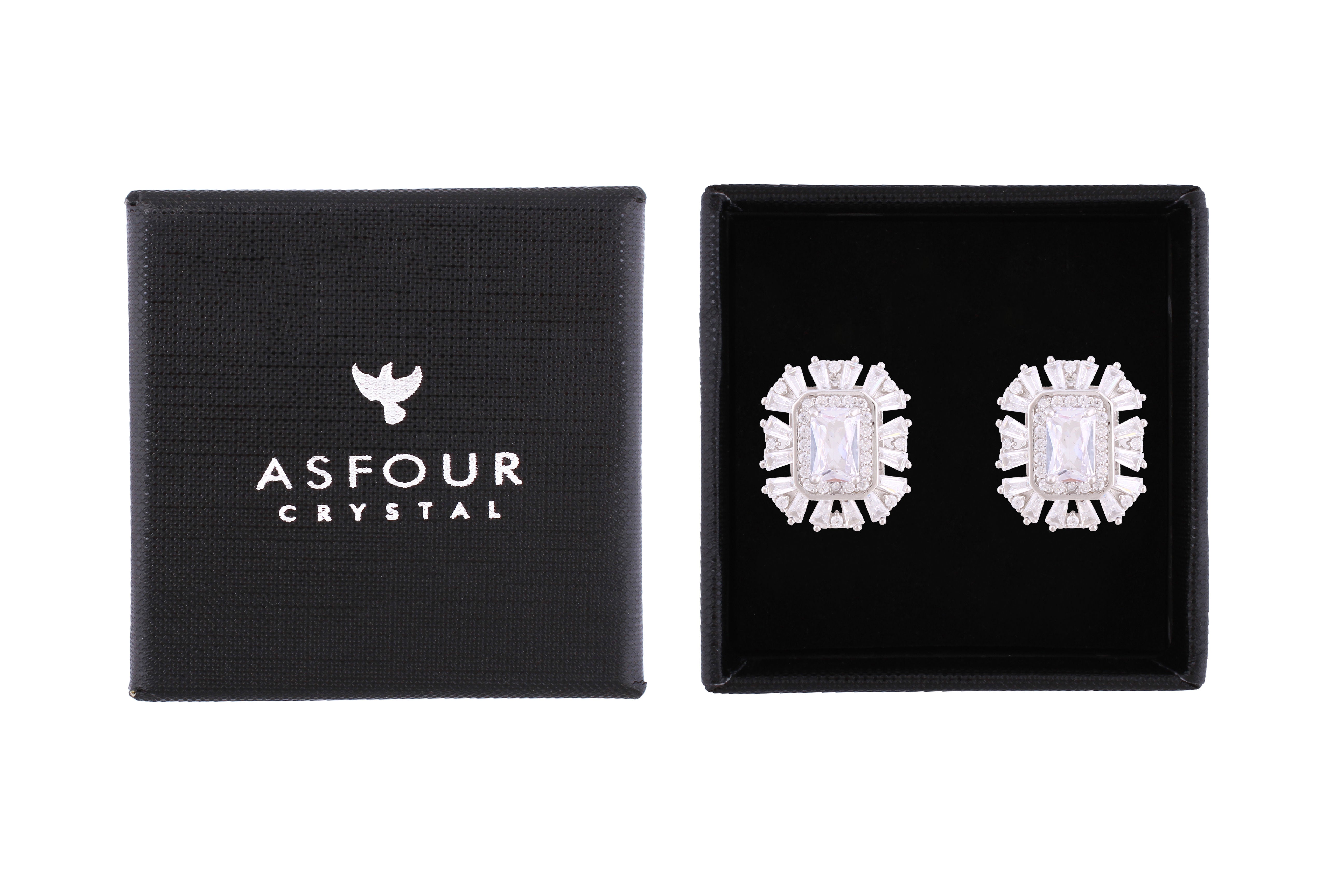 Asfour Crystal Stud Earrings Inlaid With Emerald Cut Zircon Stone In 925 Sterling Sillver ED0089