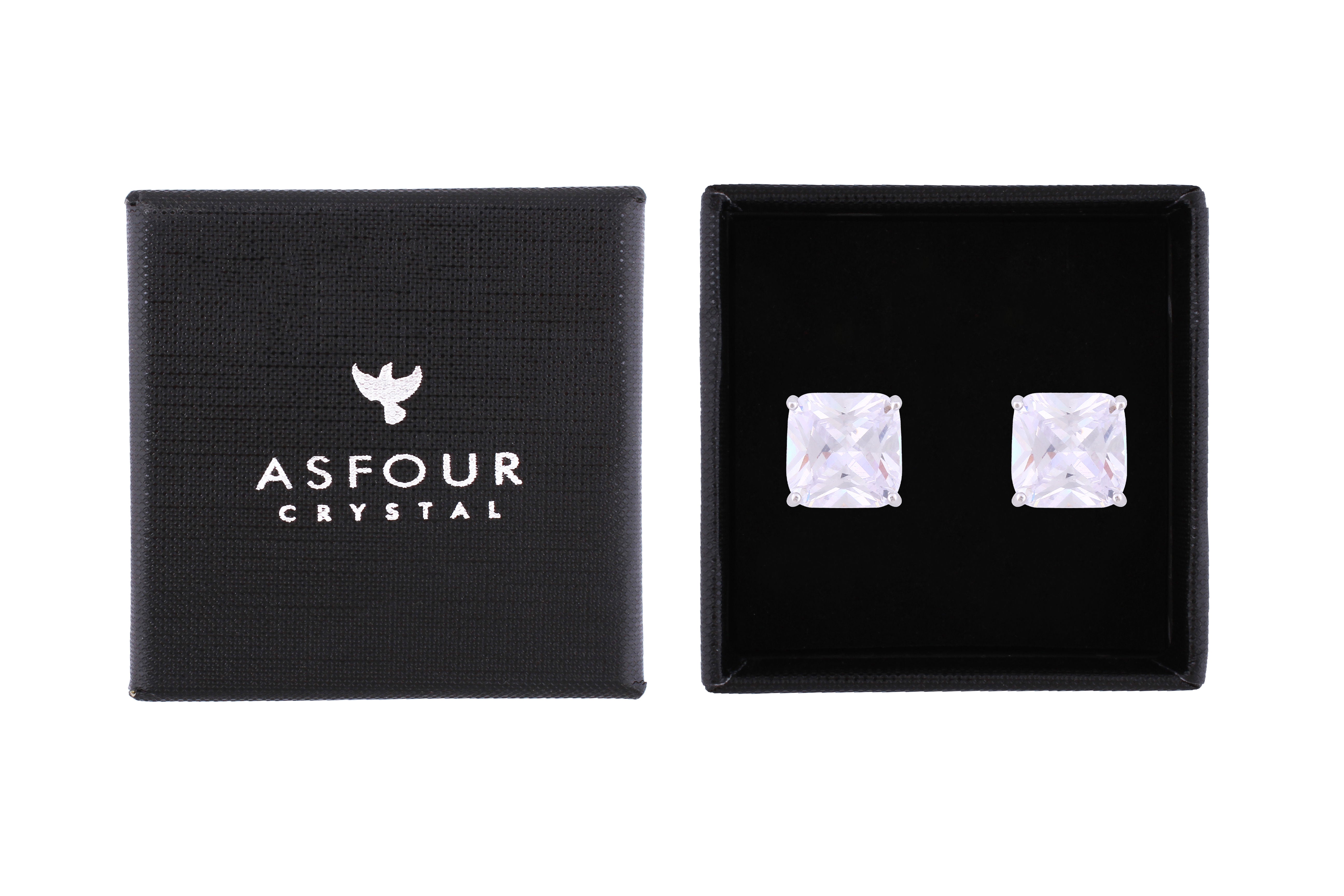 Asfour Crystal Stud Earrings Inlaid With Cushion Cut Zircon Stone In 925 Sterling Sillver ED0090