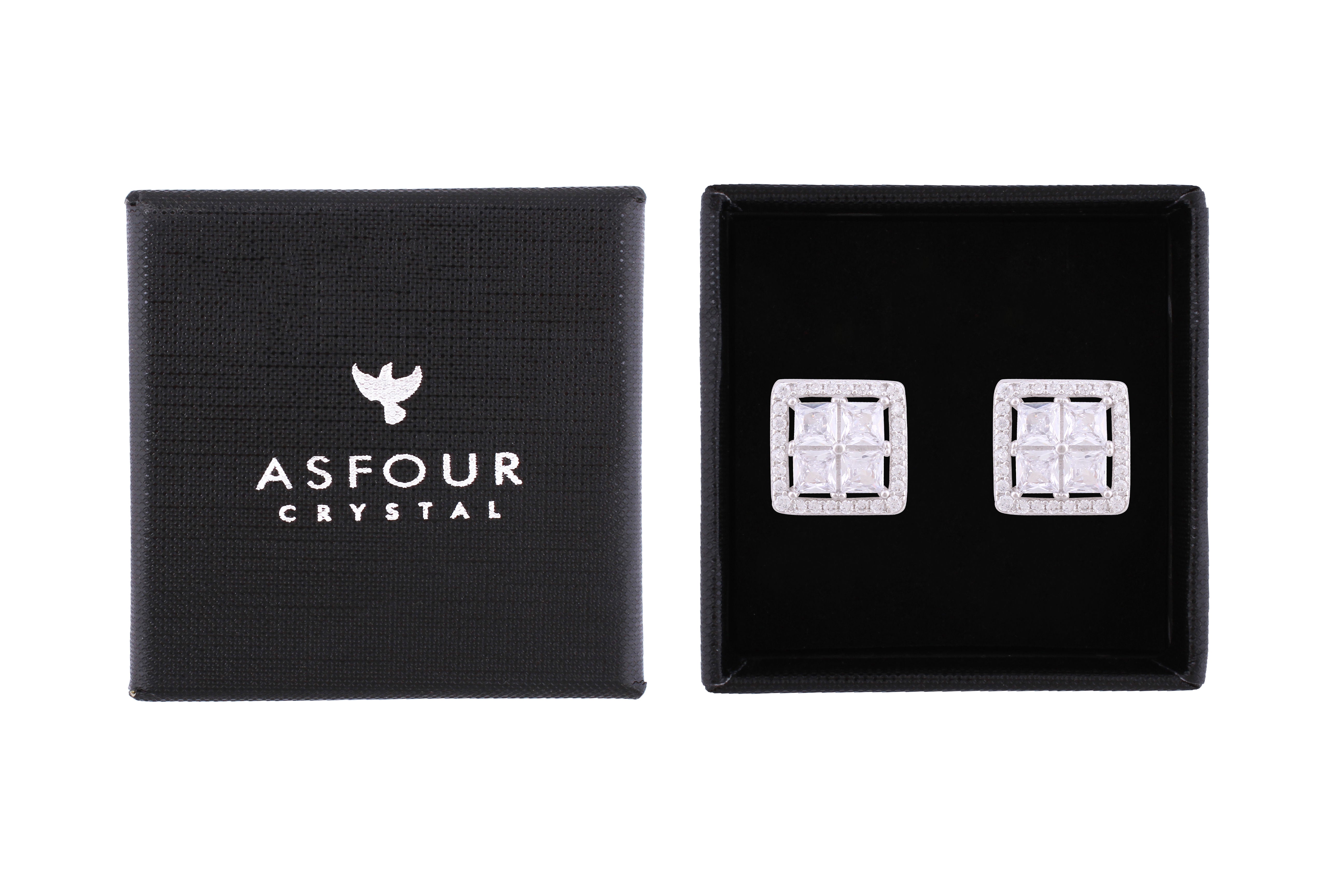 Asfour Crystal Stud Earrings With Square Shape Inlaid With Zircon In 925 Sterling Silver ED0091