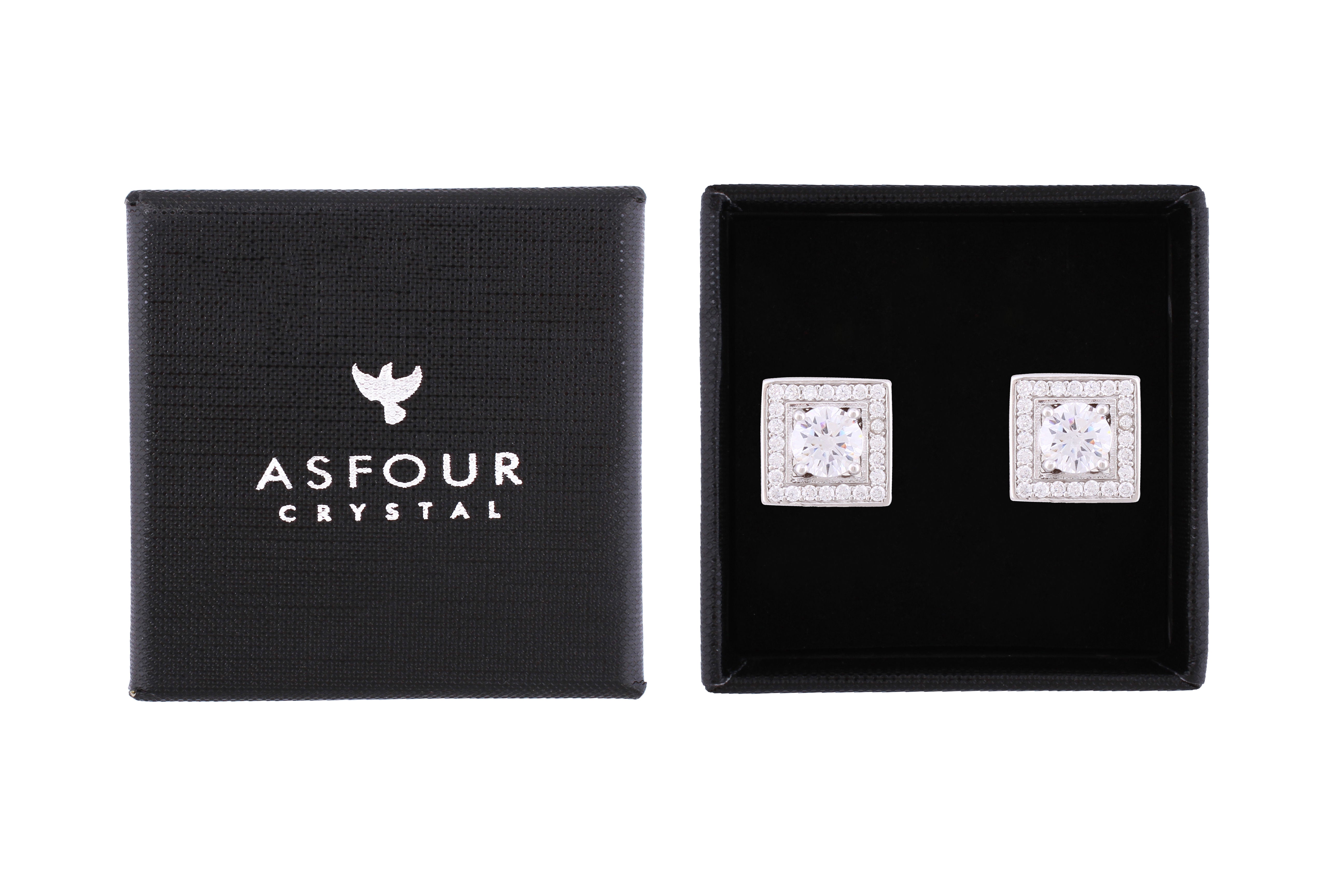 Asfour Crystal Stud Earrings With Square Shape Inlaid With Zircon In 925 Sterling Silver ED0092