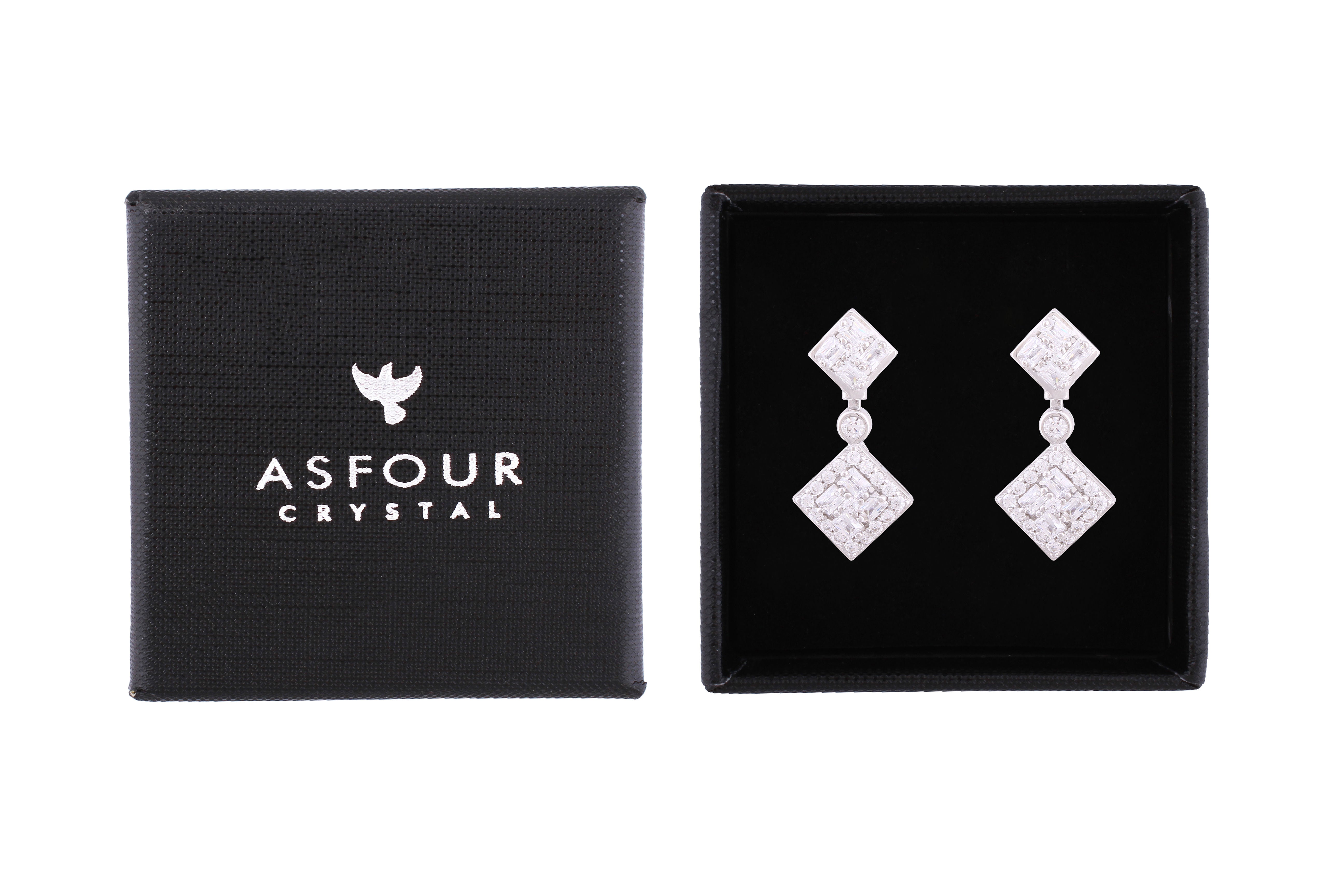 Asfour Crystal Stud Earrings With Art Deco Design Inlaid With Zircon In 925 Sterling Silver ED0093