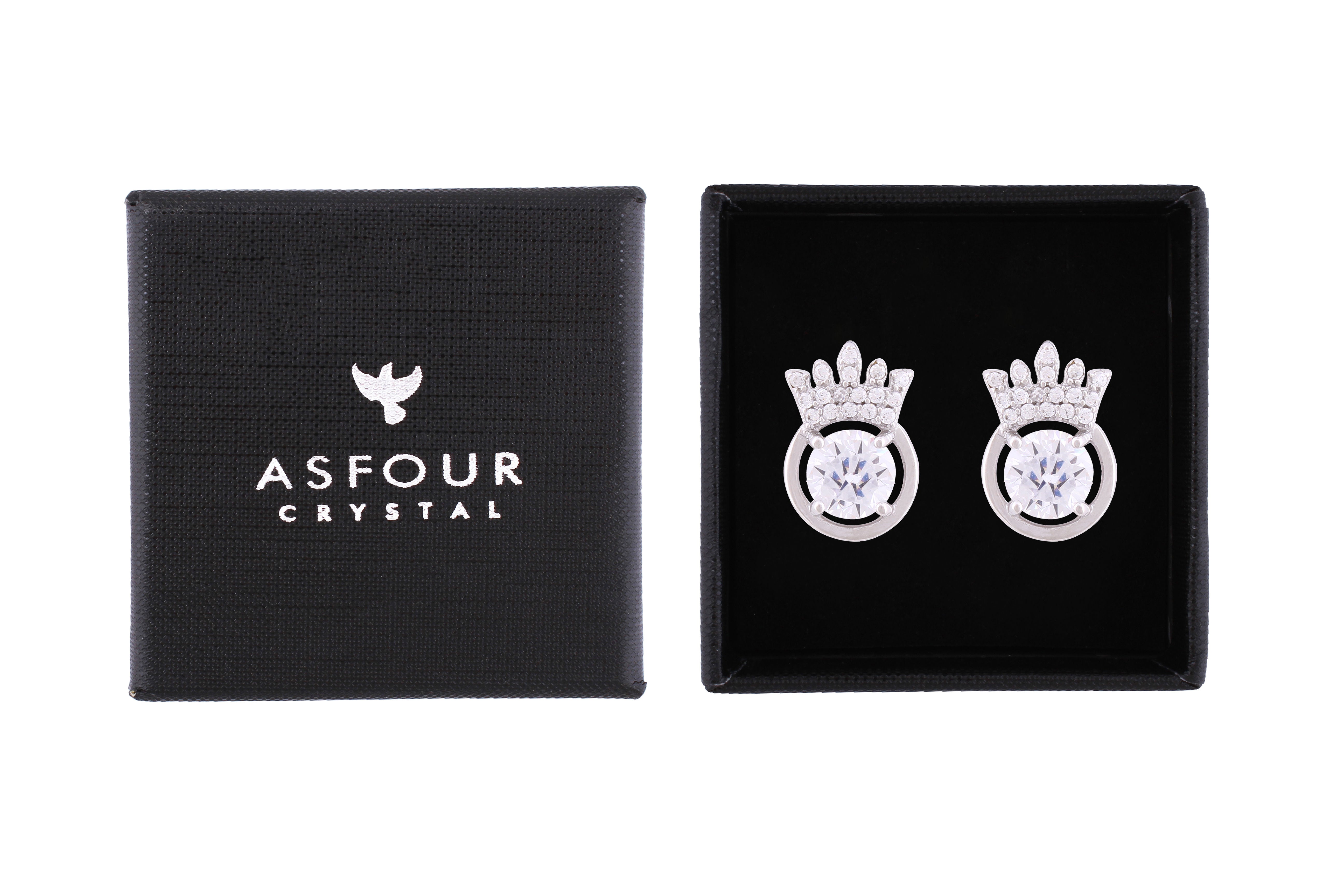 Asfour Crystal Stud Earrings With Crown Design Inlaid With Zircon In 925 Sterling Silver ED0096