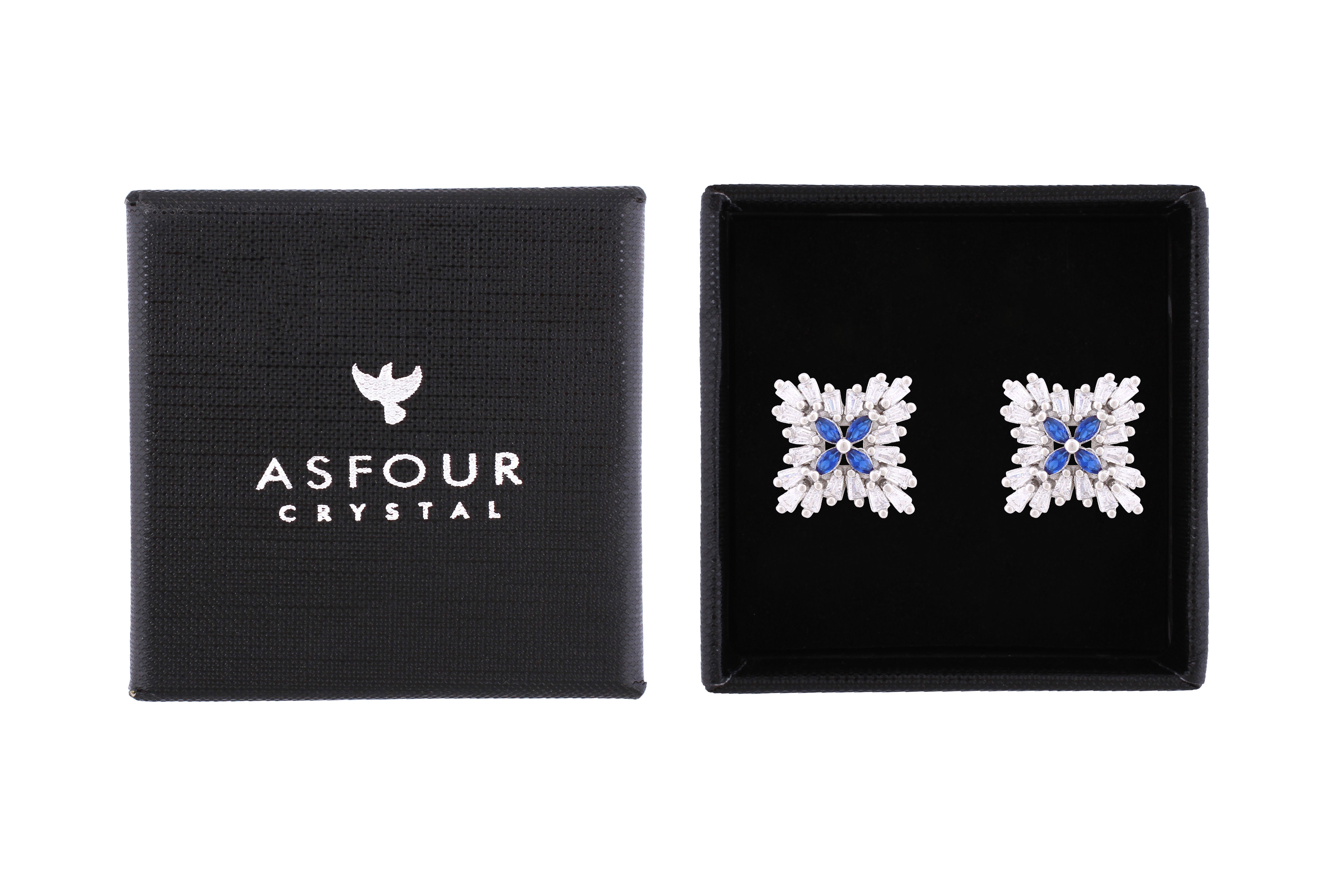 Asfour Crystal Stud Earrings With Blue Flower Design In 925 Sterling Silver ED0099-WB