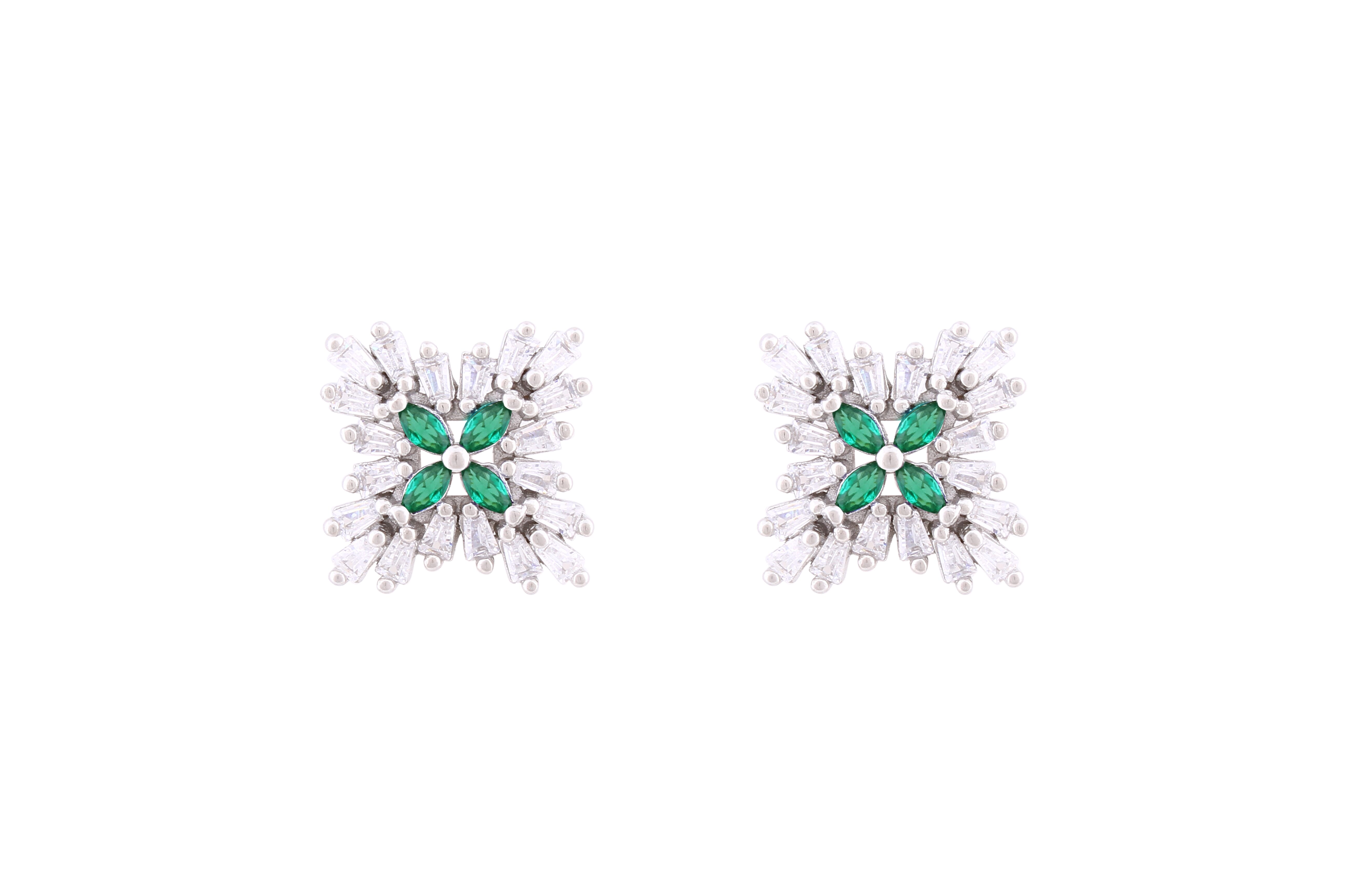 Asfour Crystal Stud Earrings With Emerald Flower Design In 925 Sterling Silver ED0099-WG