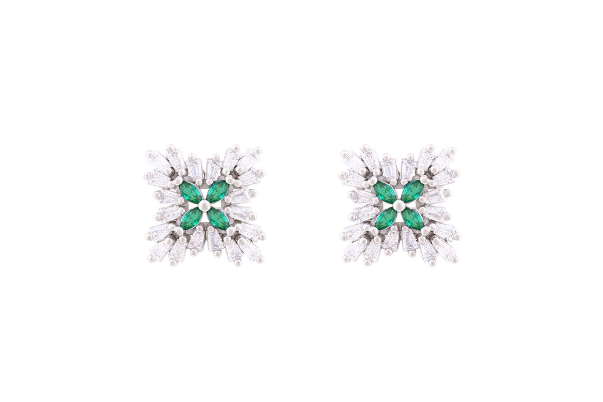 Asfour Crystal Stud Earrings With Emerald Flower Design In 925 Sterling Silver ED0099-WG