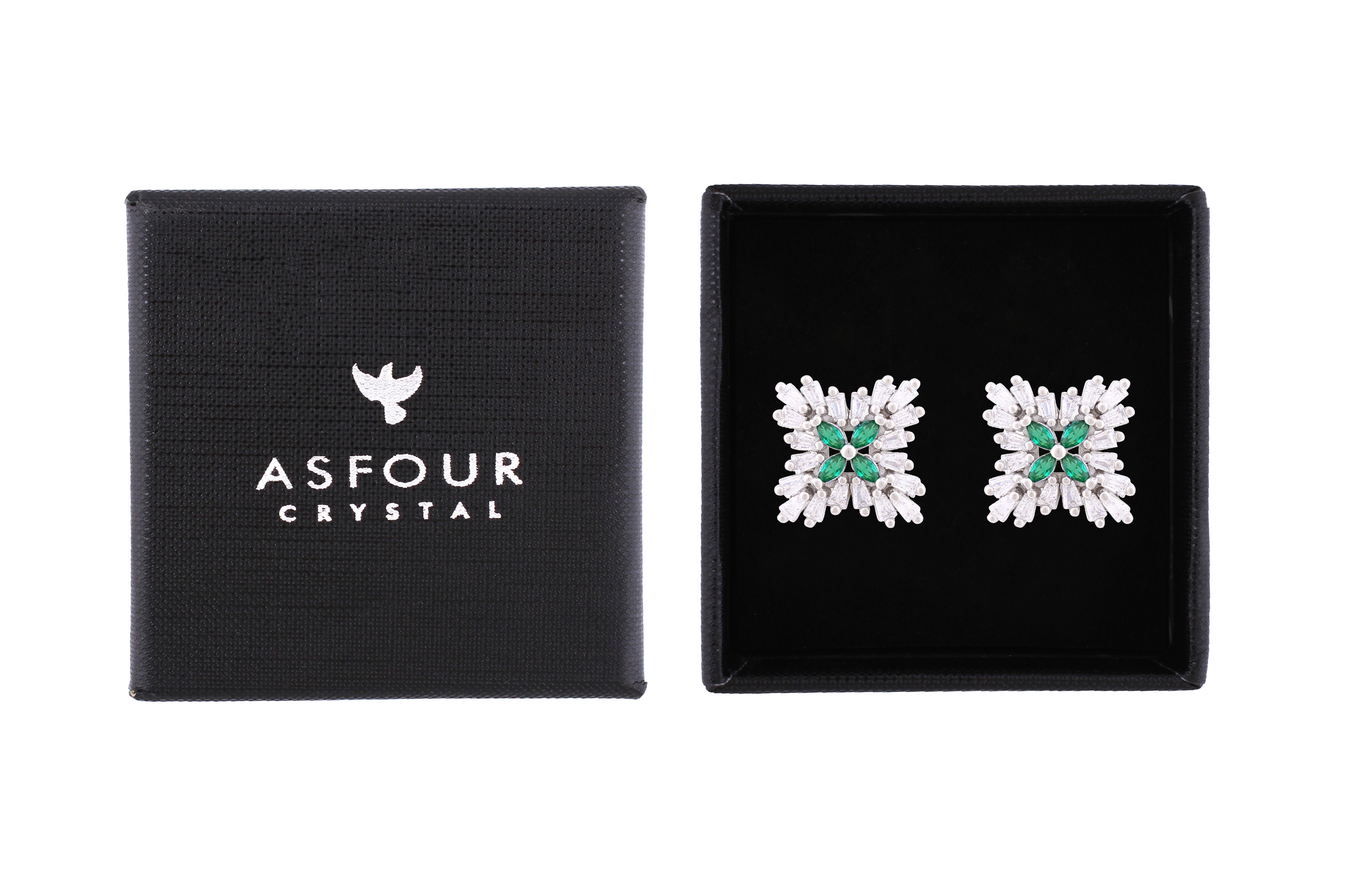 Asfour Crystal Stud Earrings With Emerald Flower Design In 925 Sterling Silver ED0099-WG