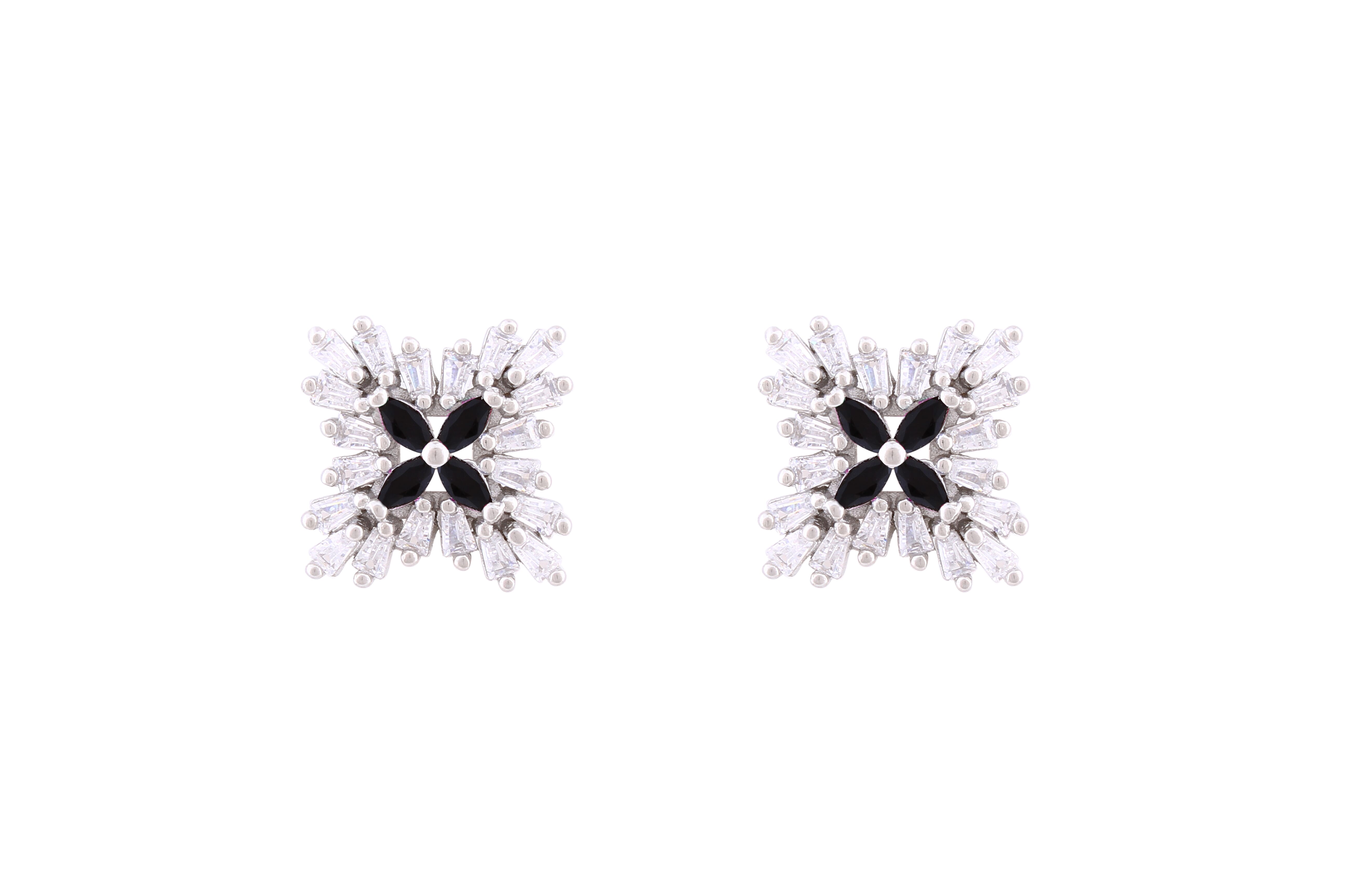 Asfour Crystal Stud Earrings With Black Flower Design In 925 Sterling Silver ED0099-WP